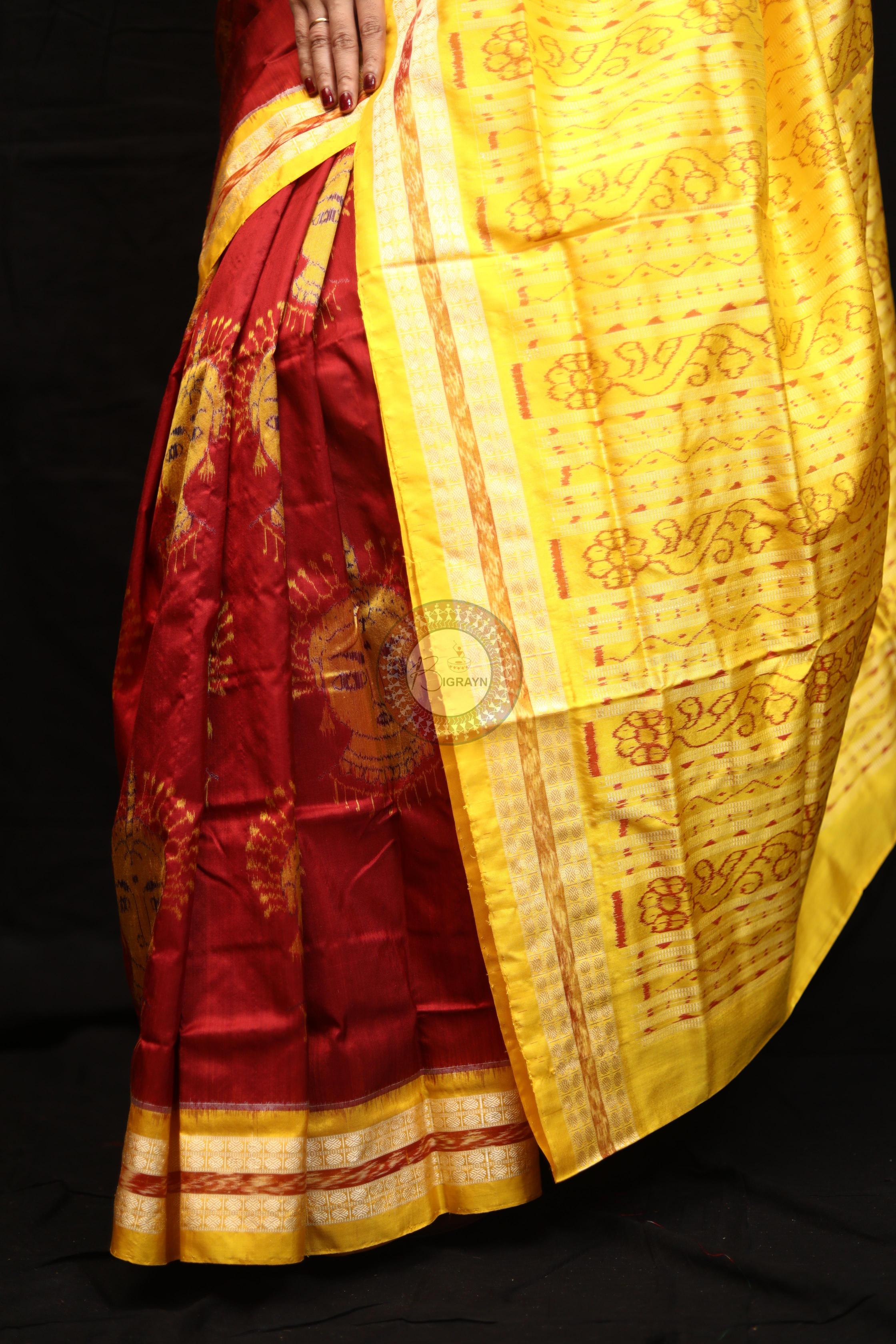 Maroon Yellow Odishi Face Sambalpuri Silk Saree