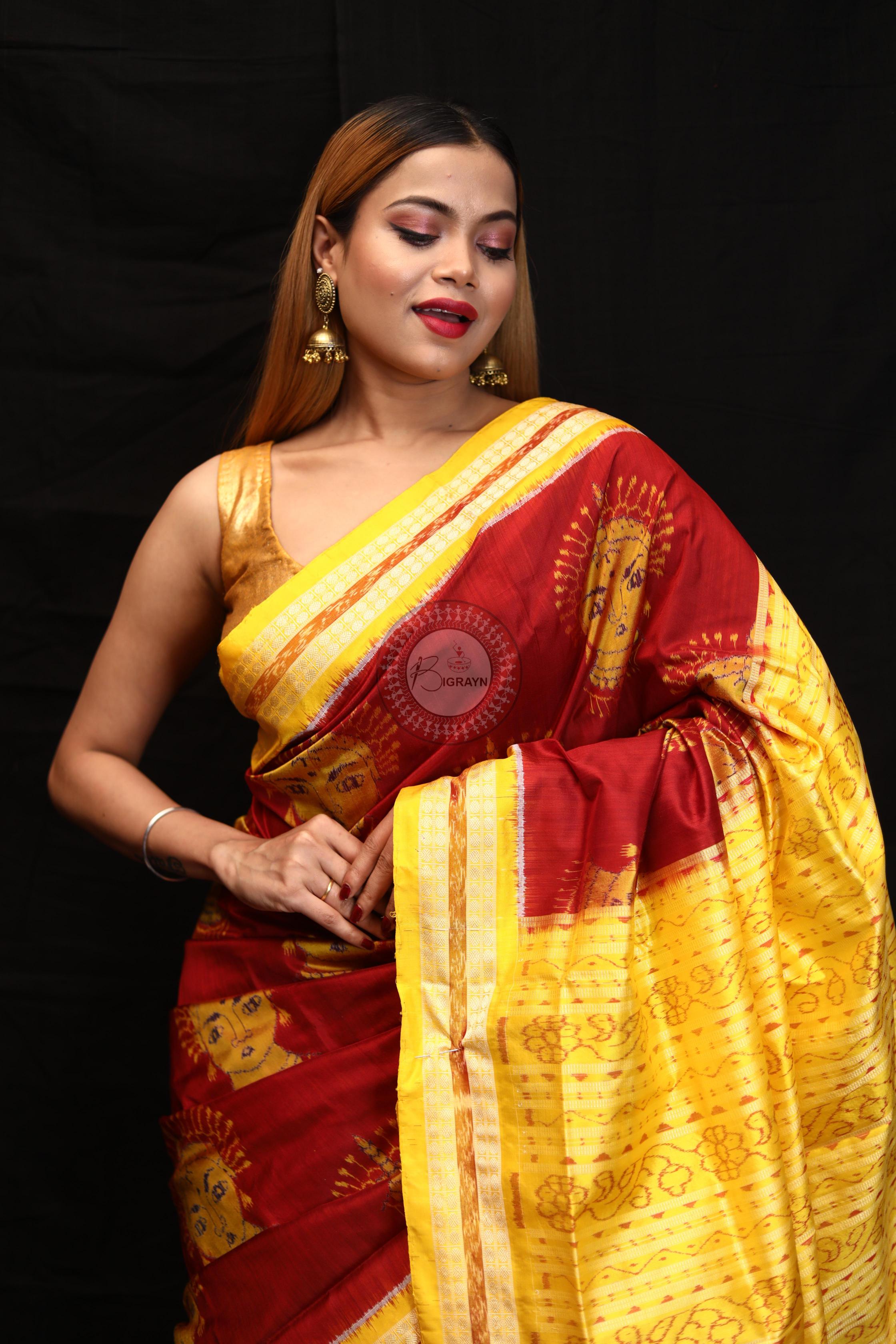 Maroon Yellow Odishi Face Sambalpuri Silk Saree