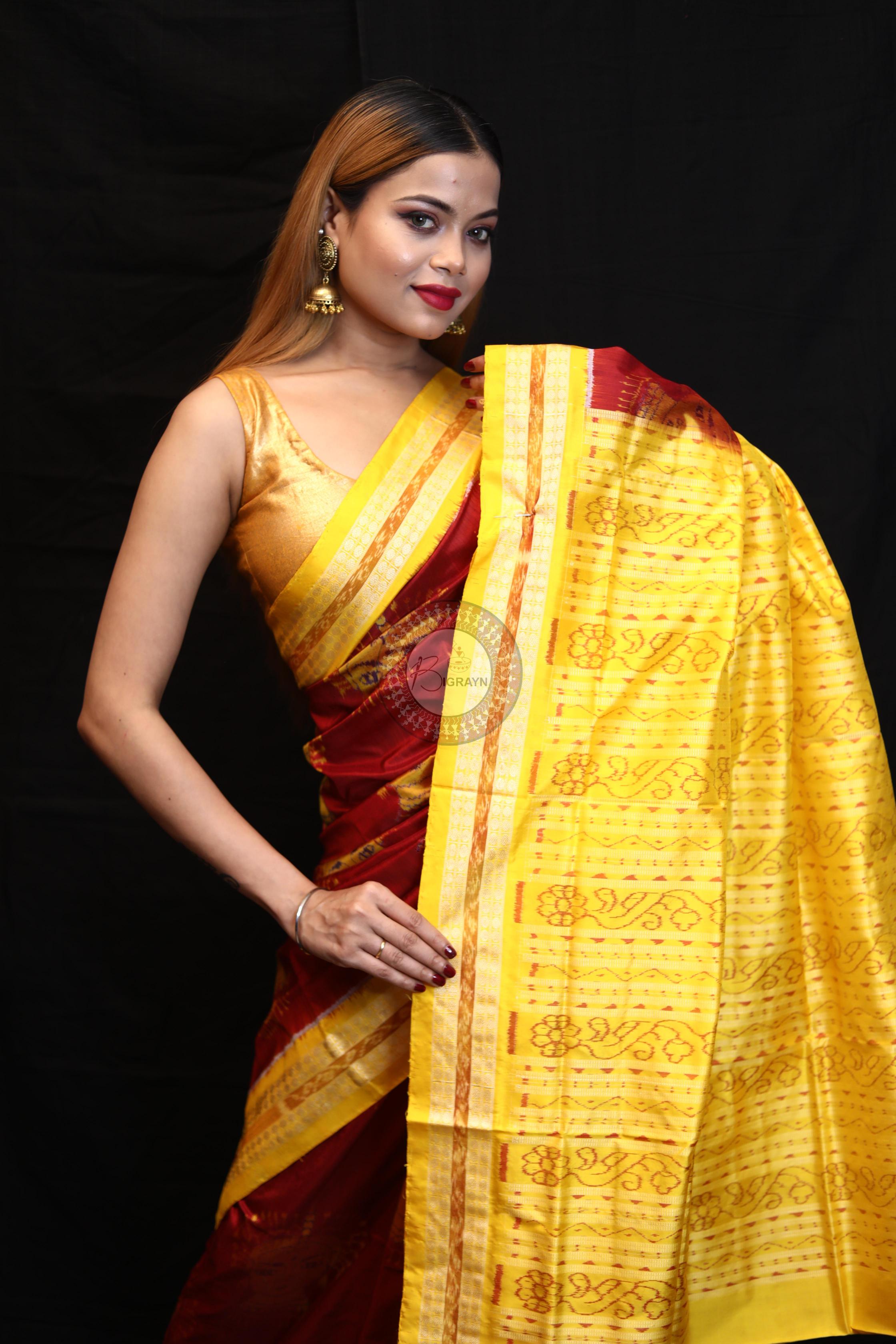Maroon Yellow Odishi Face Sambalpuri Silk Saree