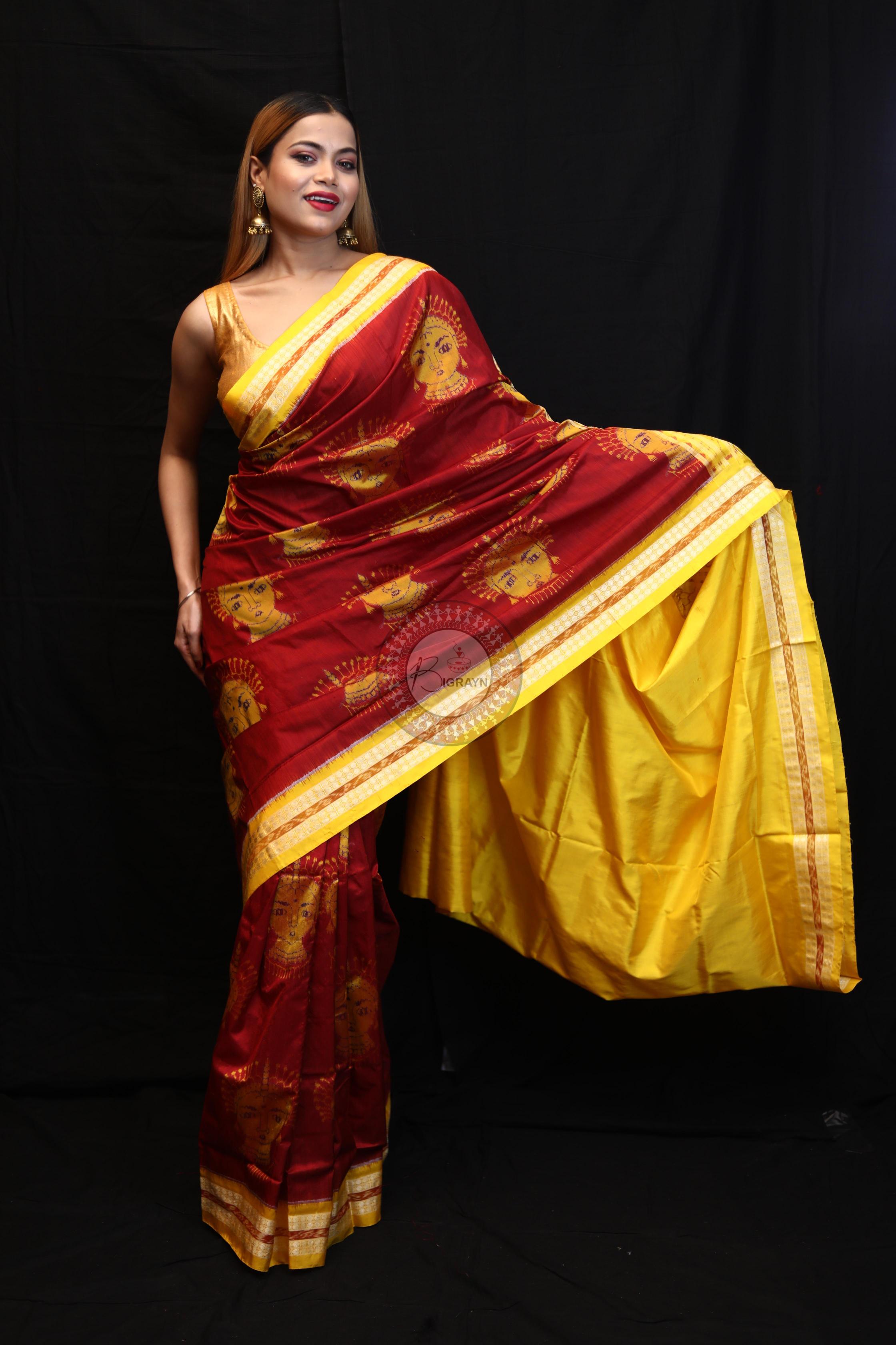 Maroon Yellow Odishi Face Sambalpuri Silk Saree