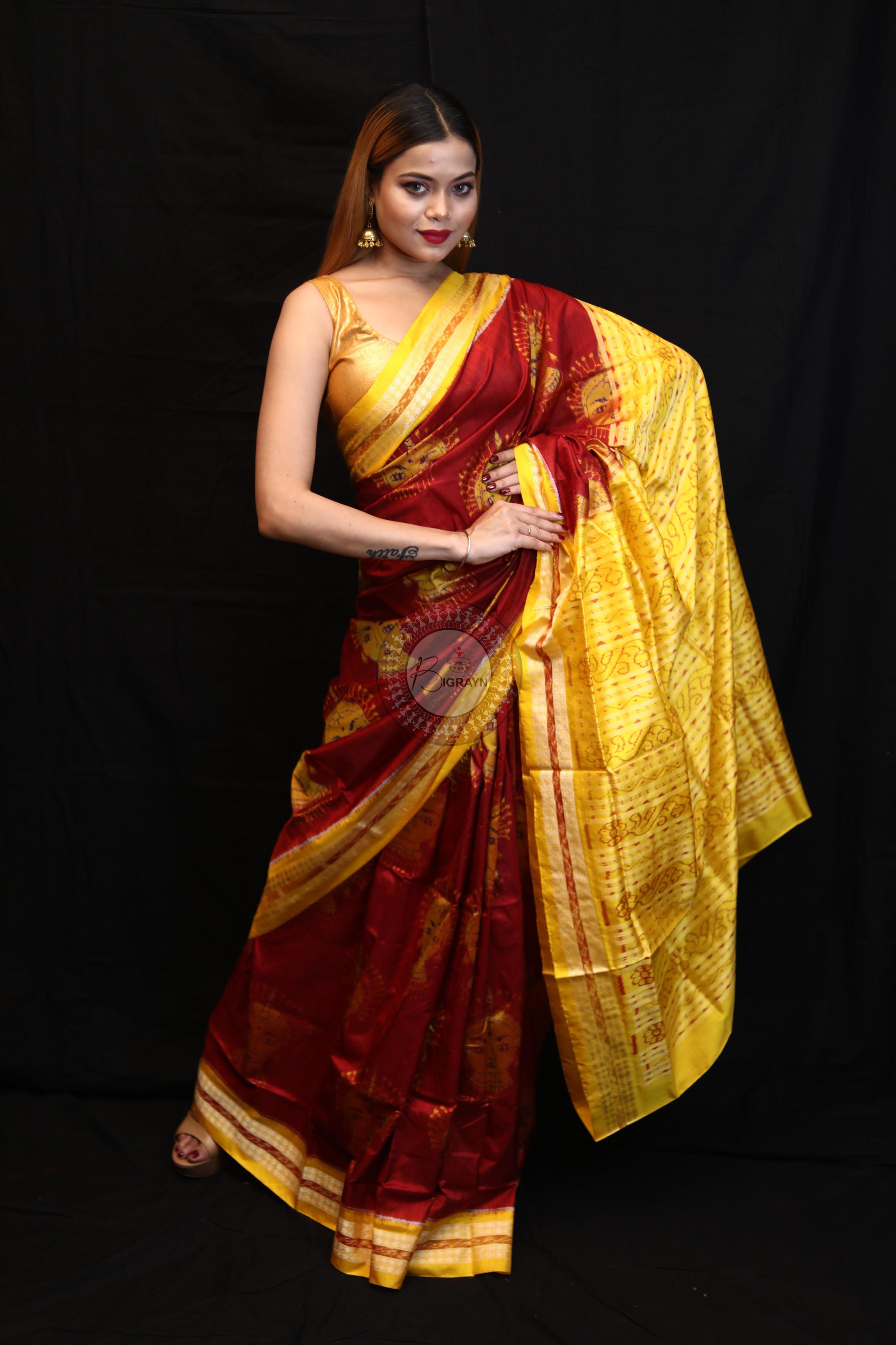 Maroon Yellow Odishi Face Sambalpuri Silk Saree