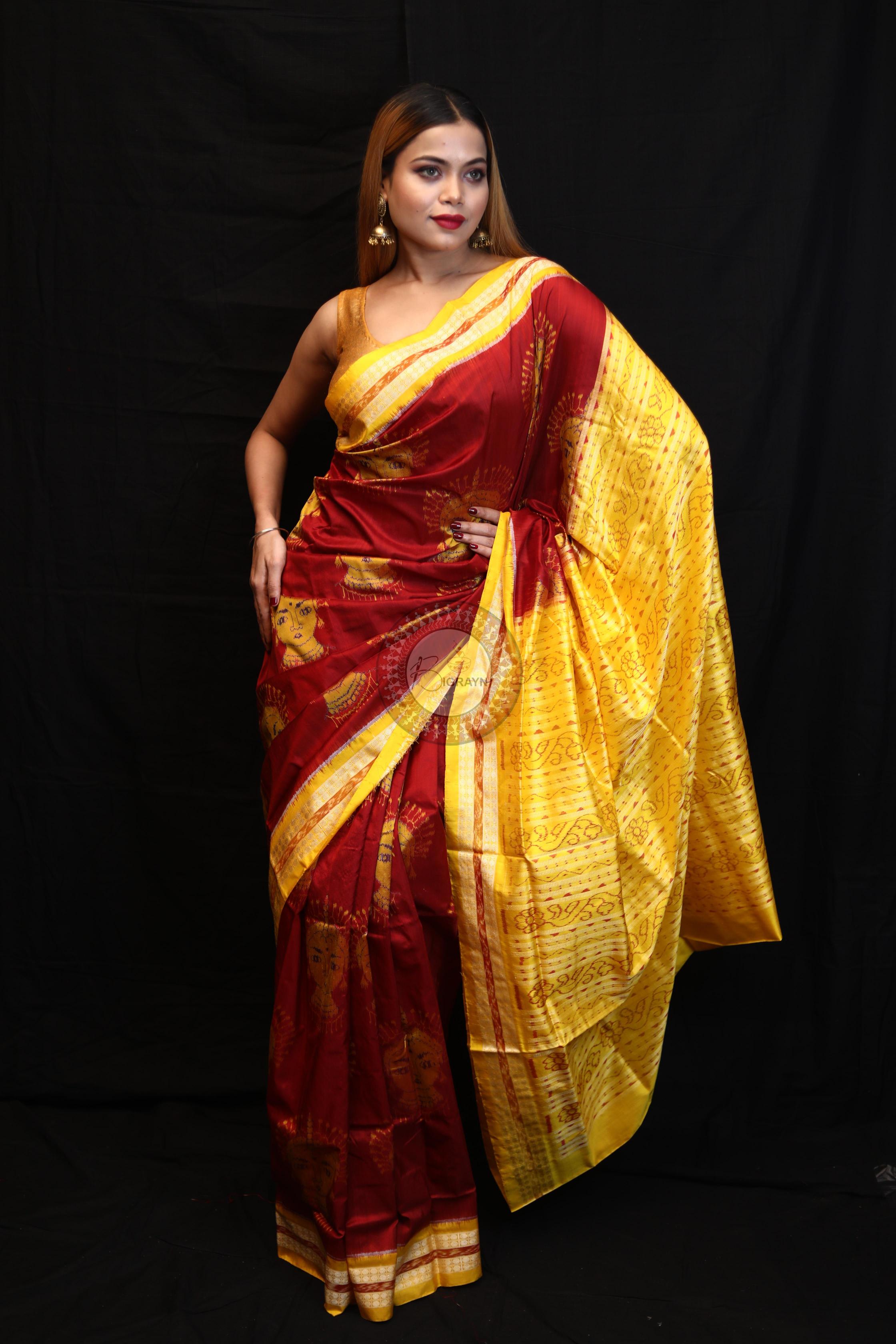Maroon Yellow Odishi Face Sambalpuri Silk Saree