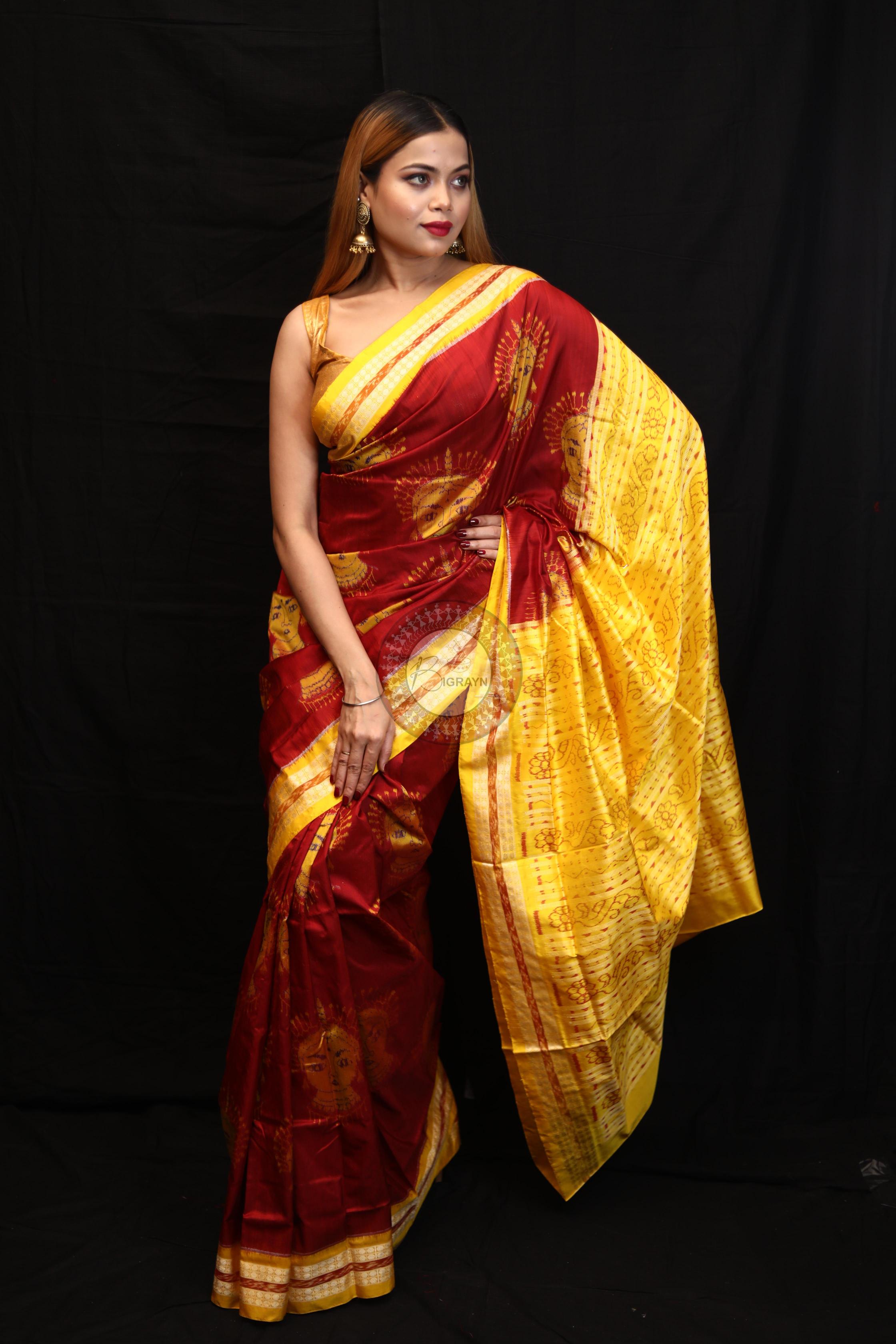 Maroon Yellow Odishi Face Sambalpuri Silk Saree