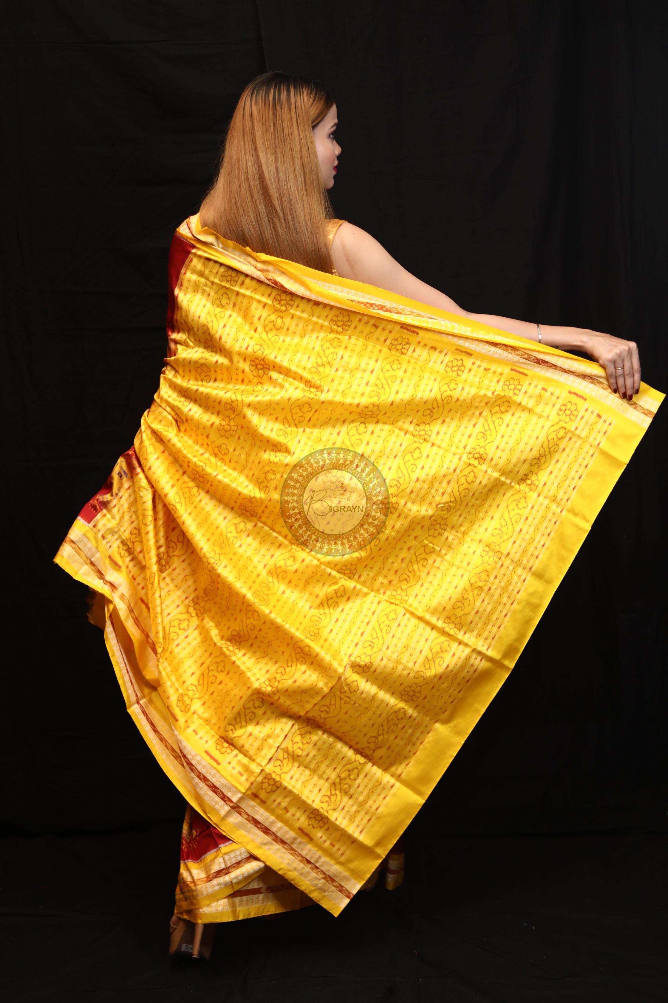 Maroon Yellow Odishi Face Sambalpuri Silk Saree