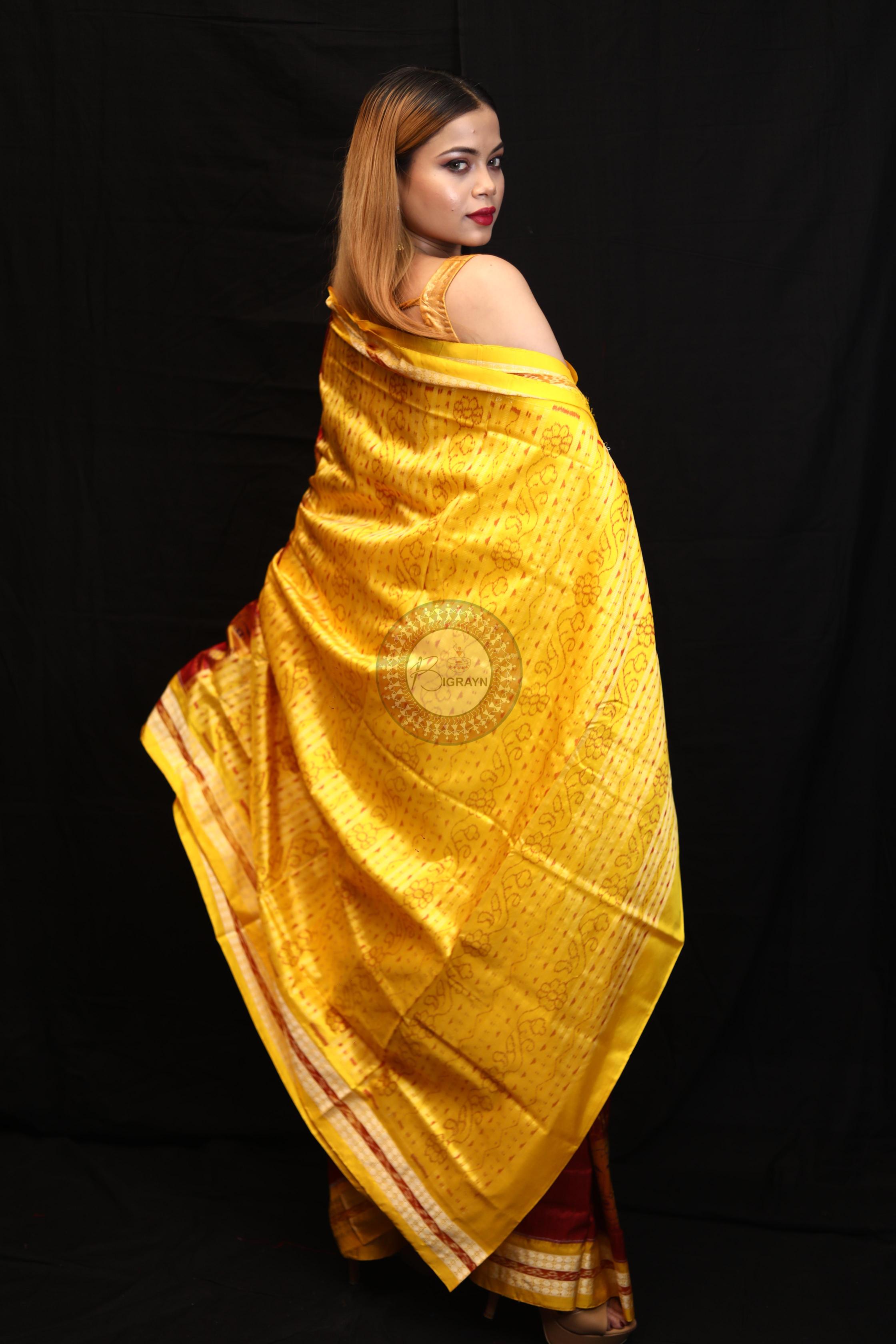 Maroon Yellow Odishi Face Sambalpuri Silk Saree