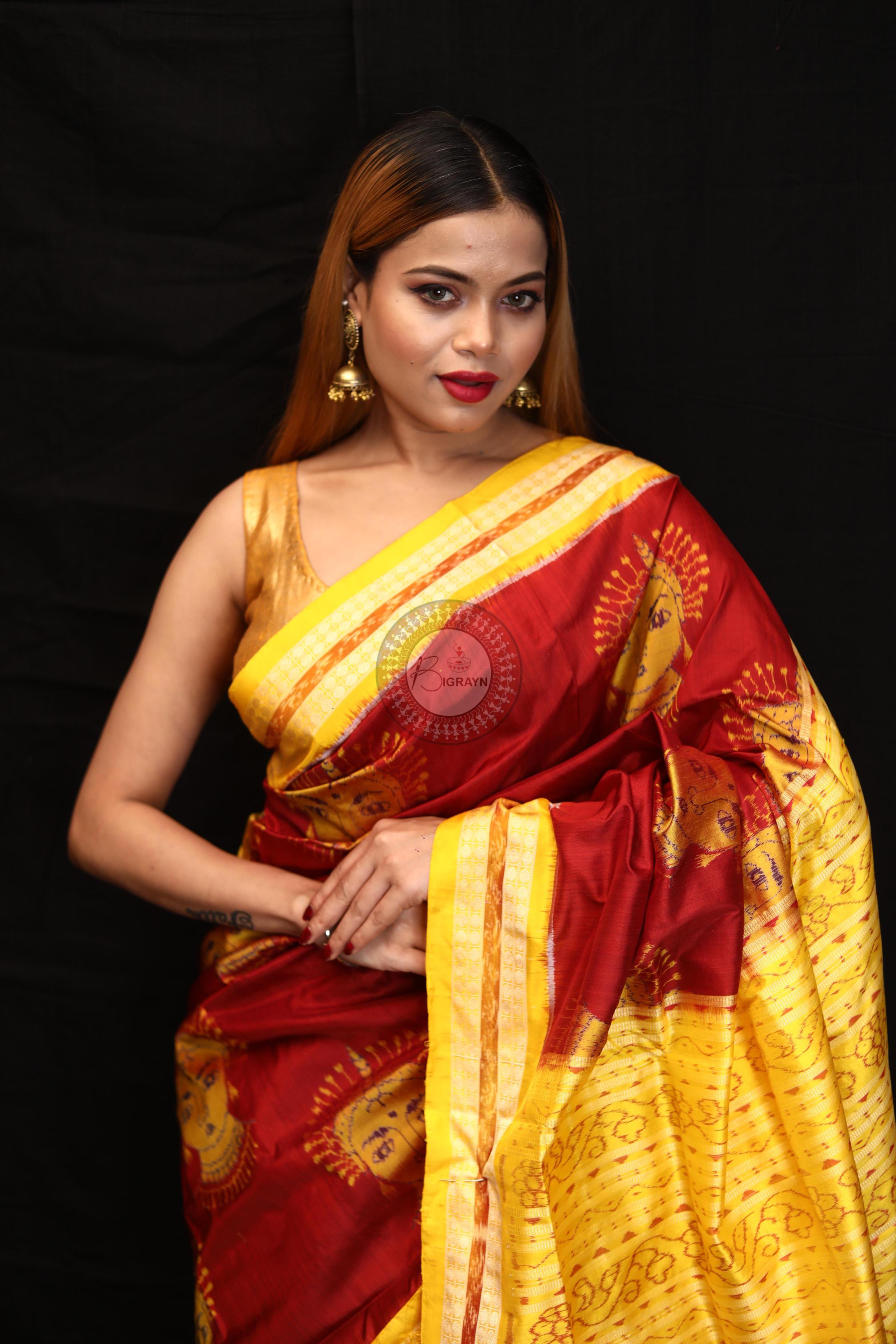 Maroon Yellow Odishi Face Sambalpuri Silk Saree