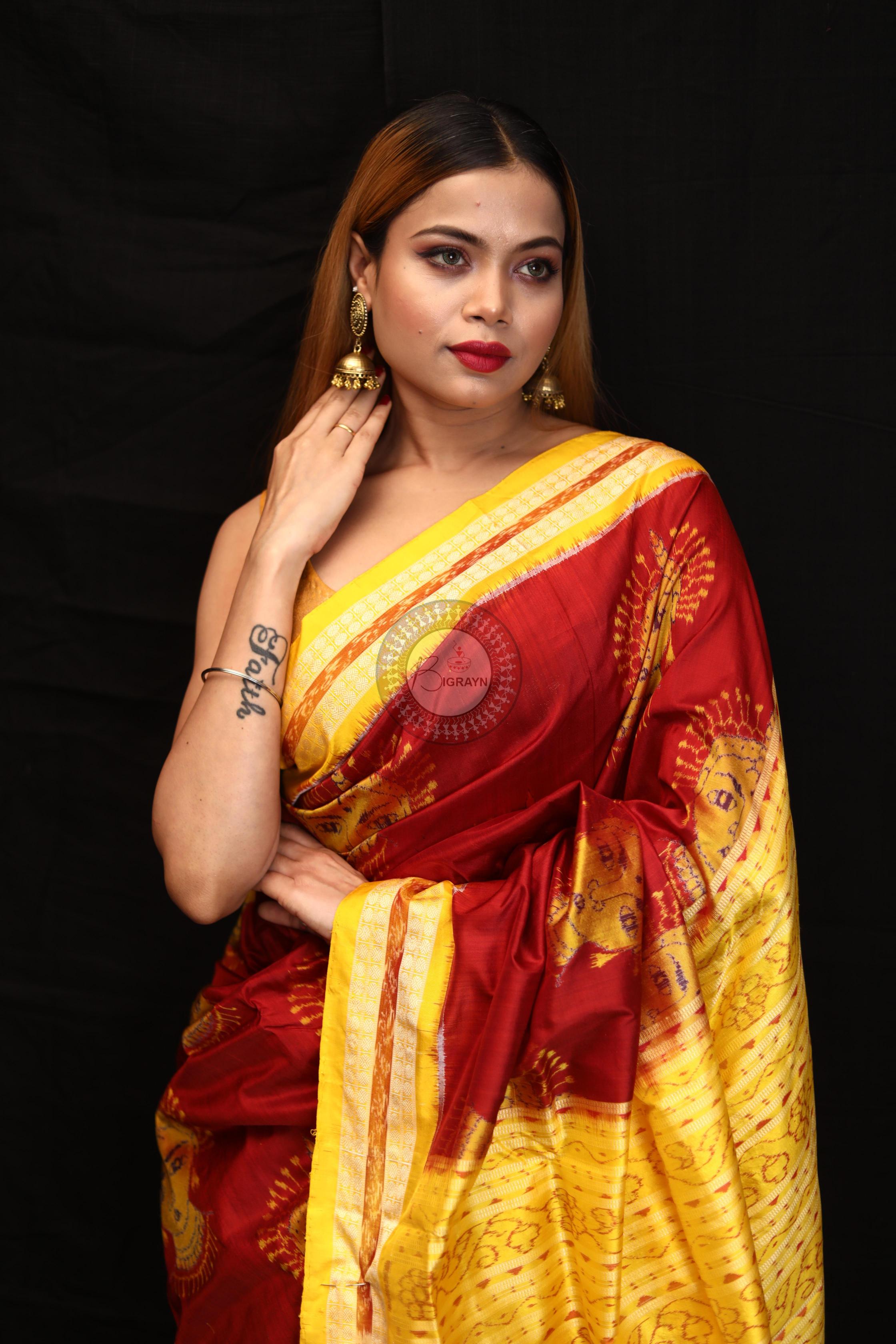 Maroon Yellow Odishi Face Sambalpuri Silk Saree