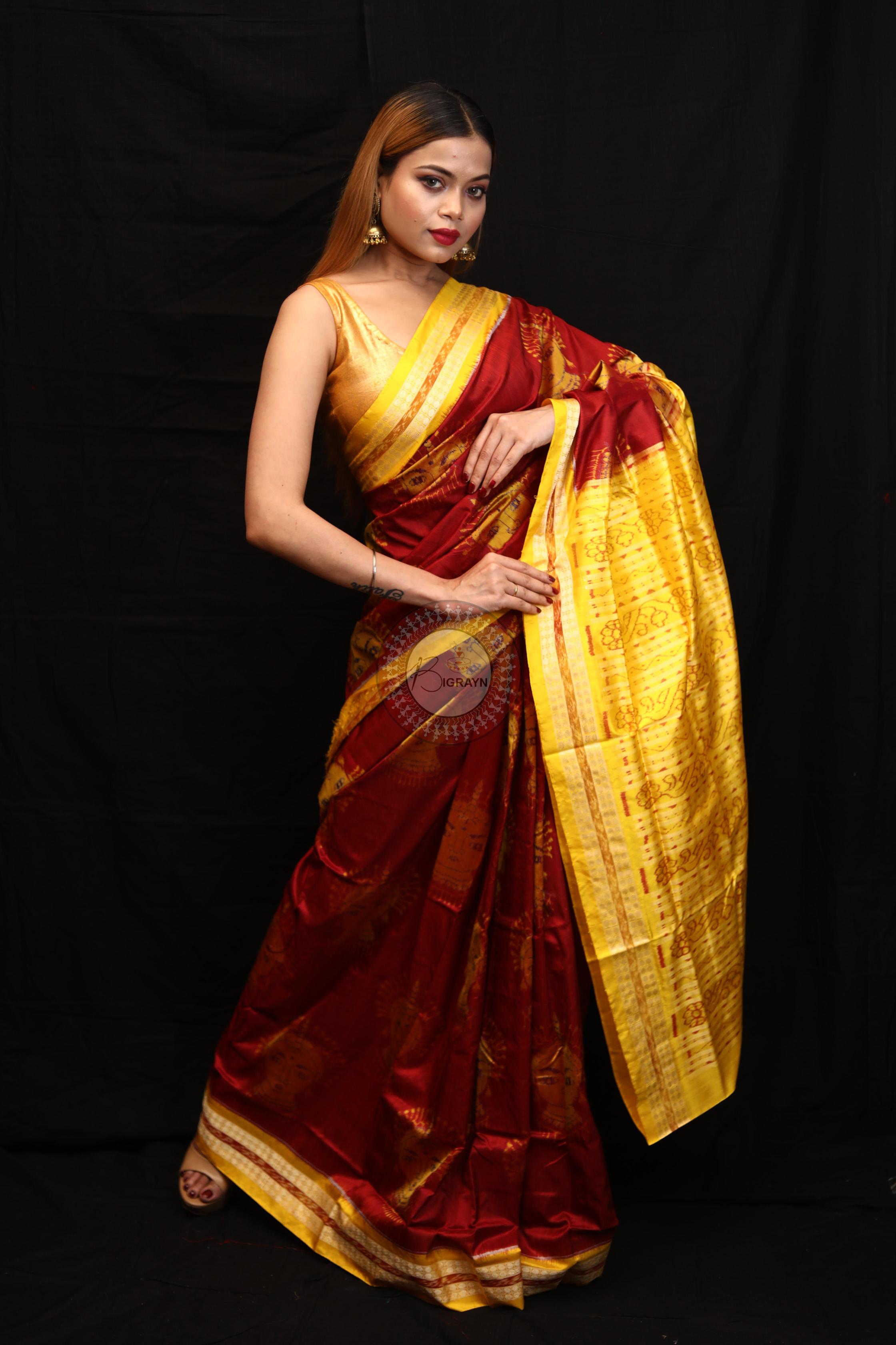 Maroon Yellow Odishi Face Sambalpuri Silk Saree