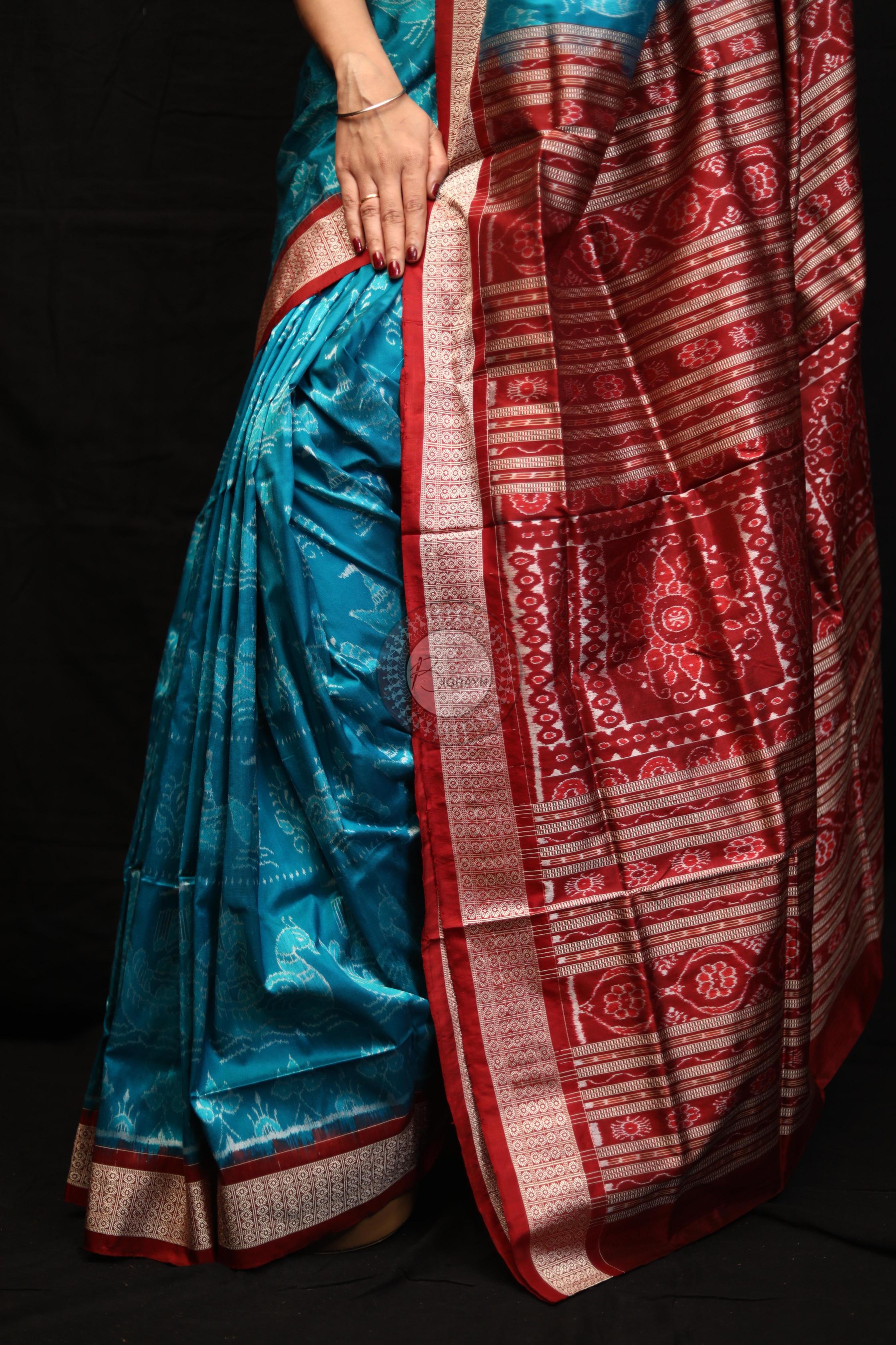 Blue Red Boita Bandha Sambalpuri Silk Saree