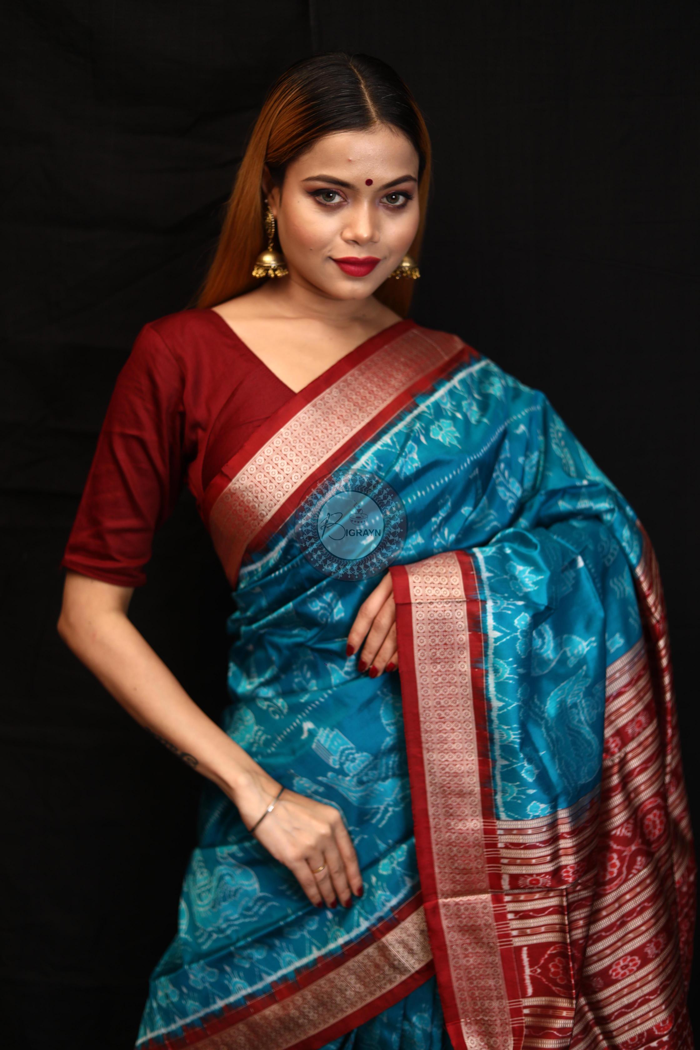 Blue Red Boita Bandha Sambalpuri Silk Saree