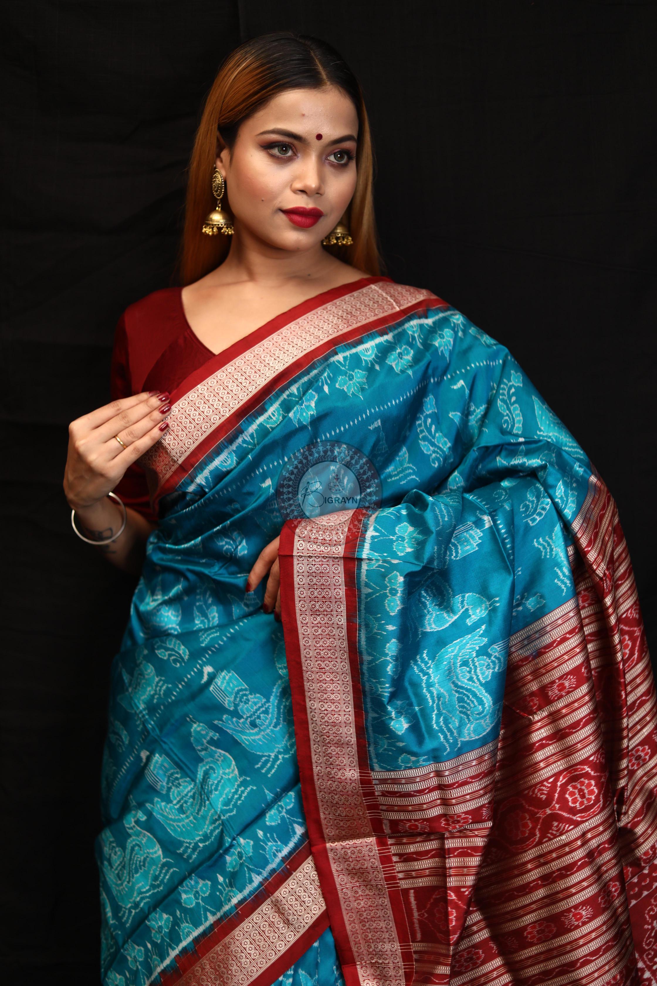 Blue Red Boita Bandha Sambalpuri Silk Saree