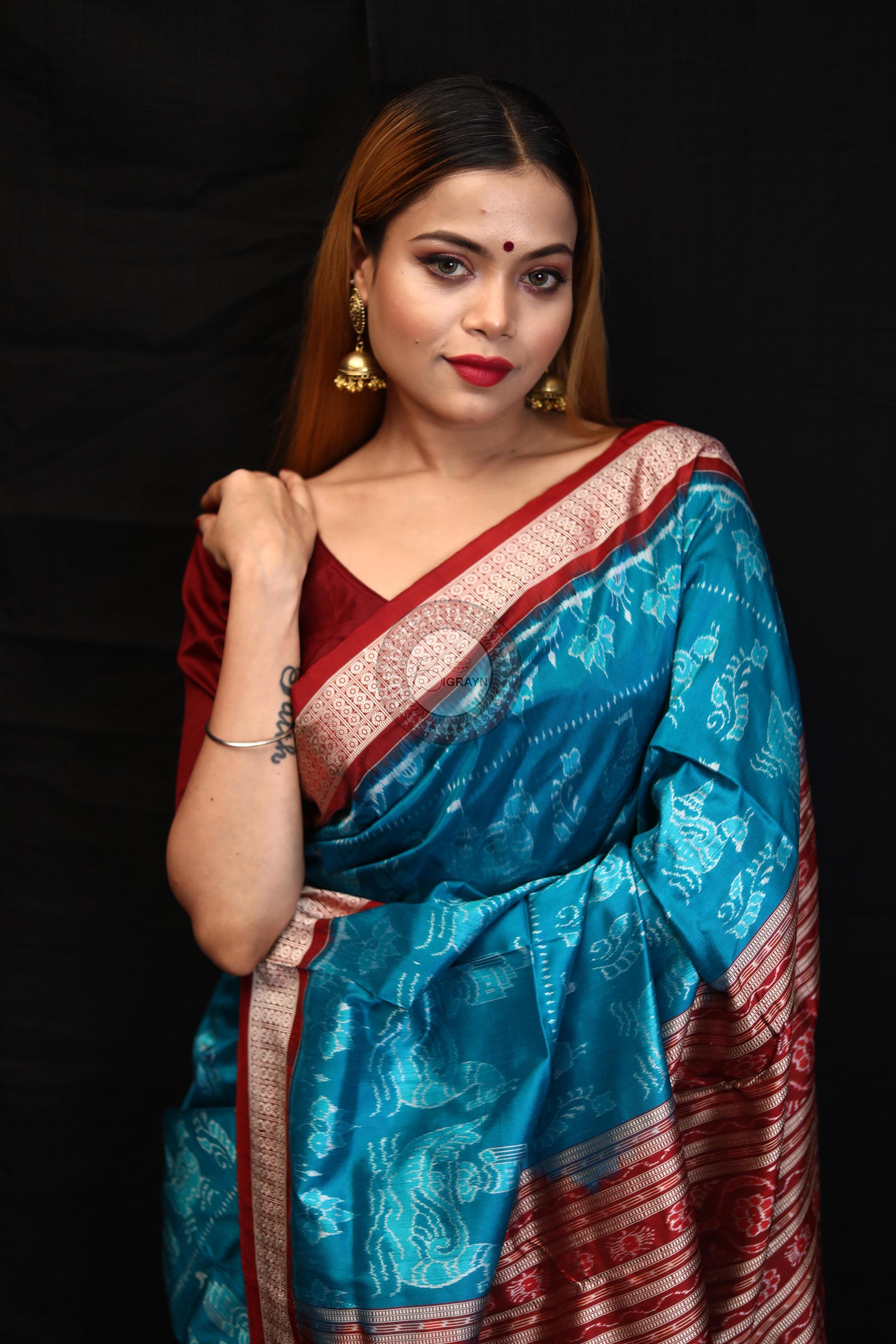 Blue Red Boita Bandha Sambalpuri Silk Saree