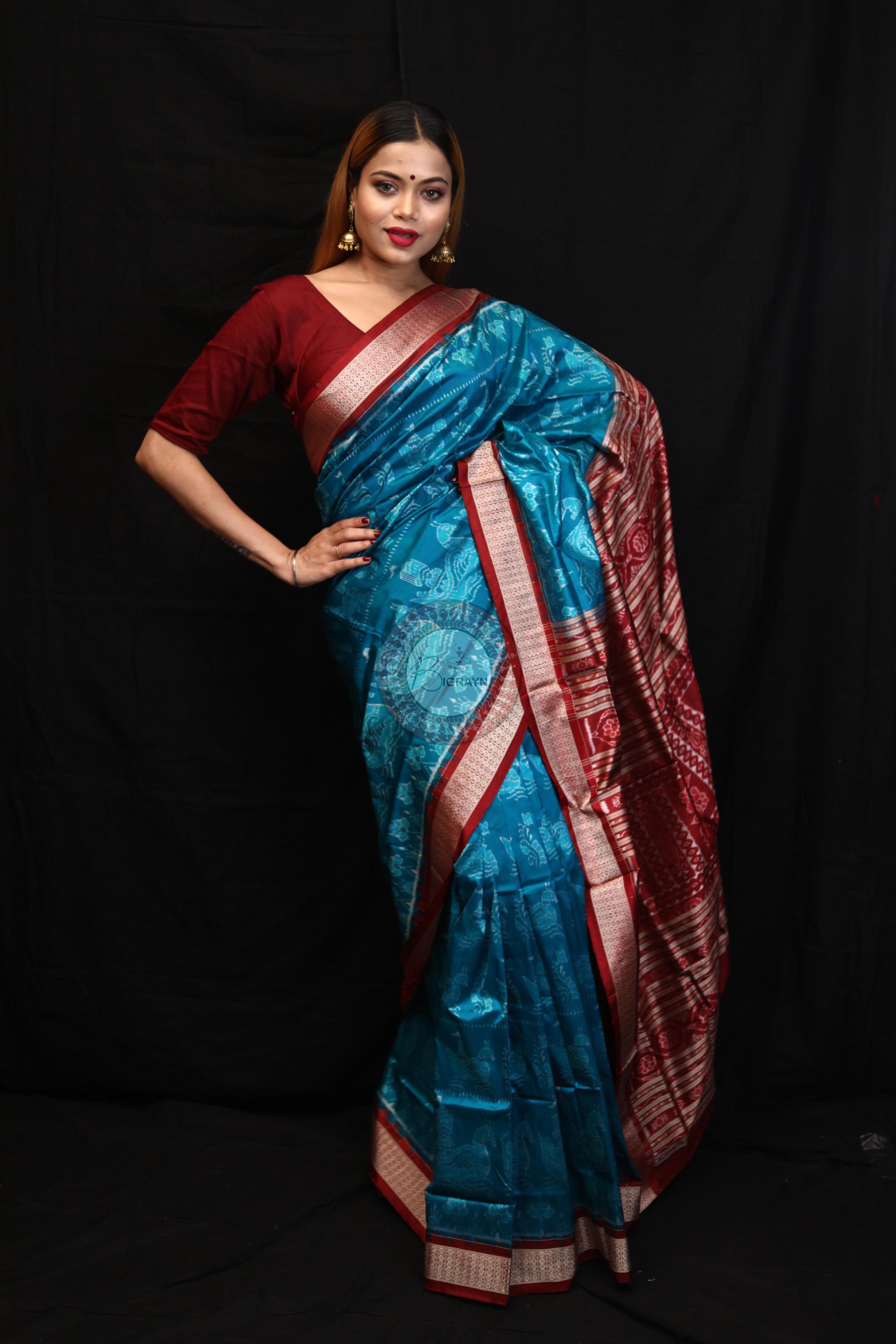 Blue Red Boita Bandha Sambalpuri Silk Saree