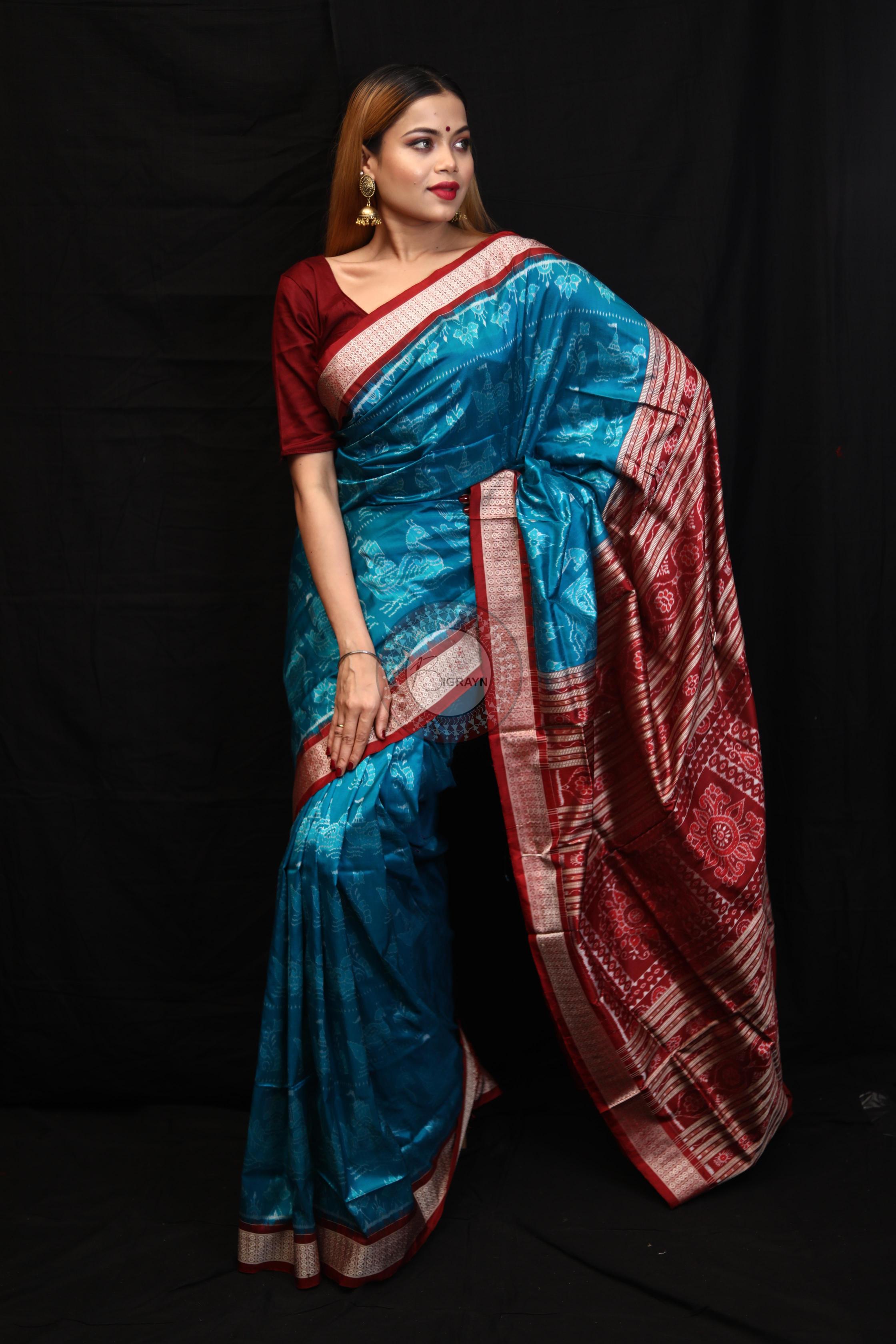 Blue Red Boita Bandha Sambalpuri Silk Saree