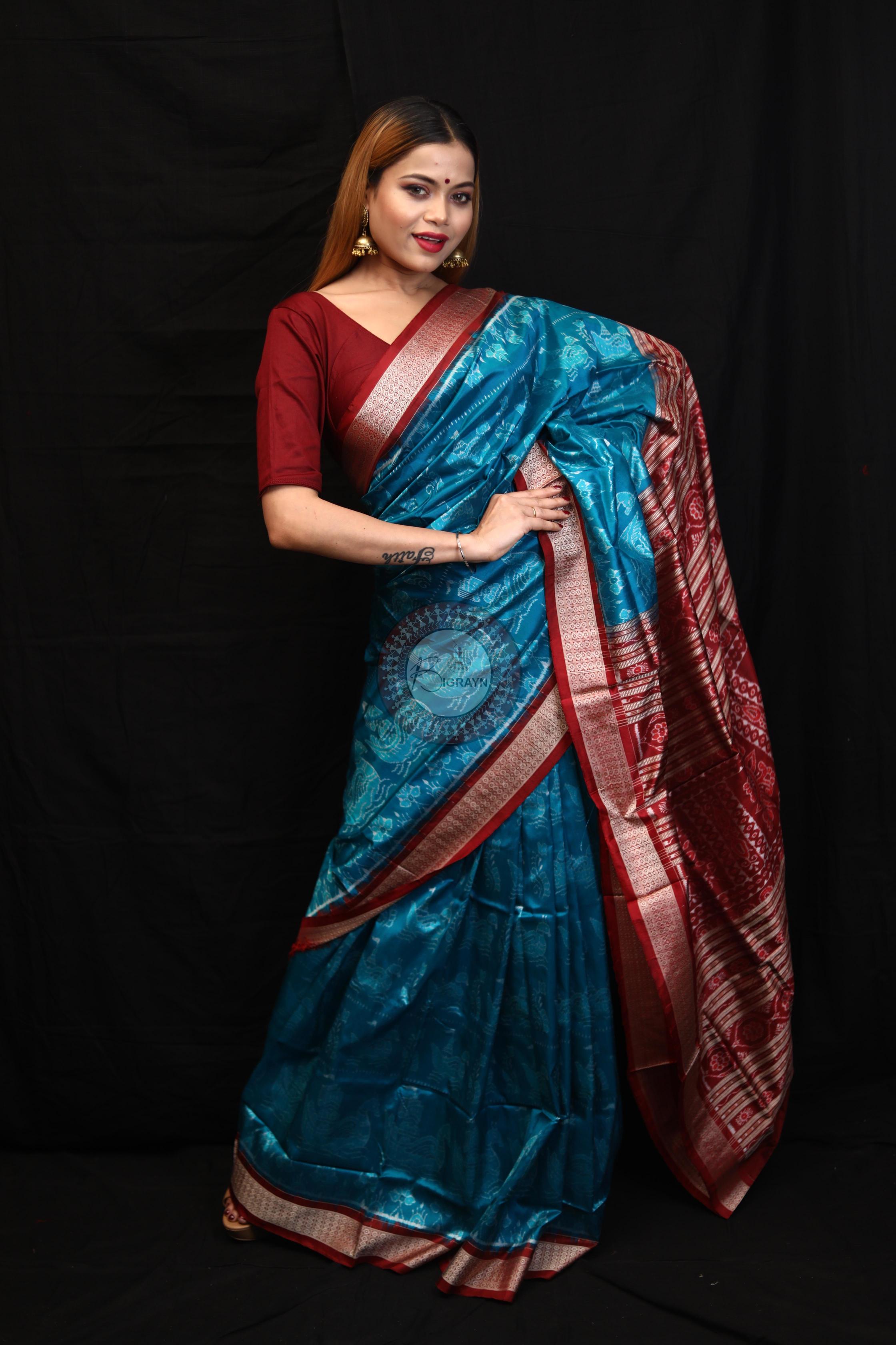 Blue Red Boita Bandha Sambalpuri Silk Saree