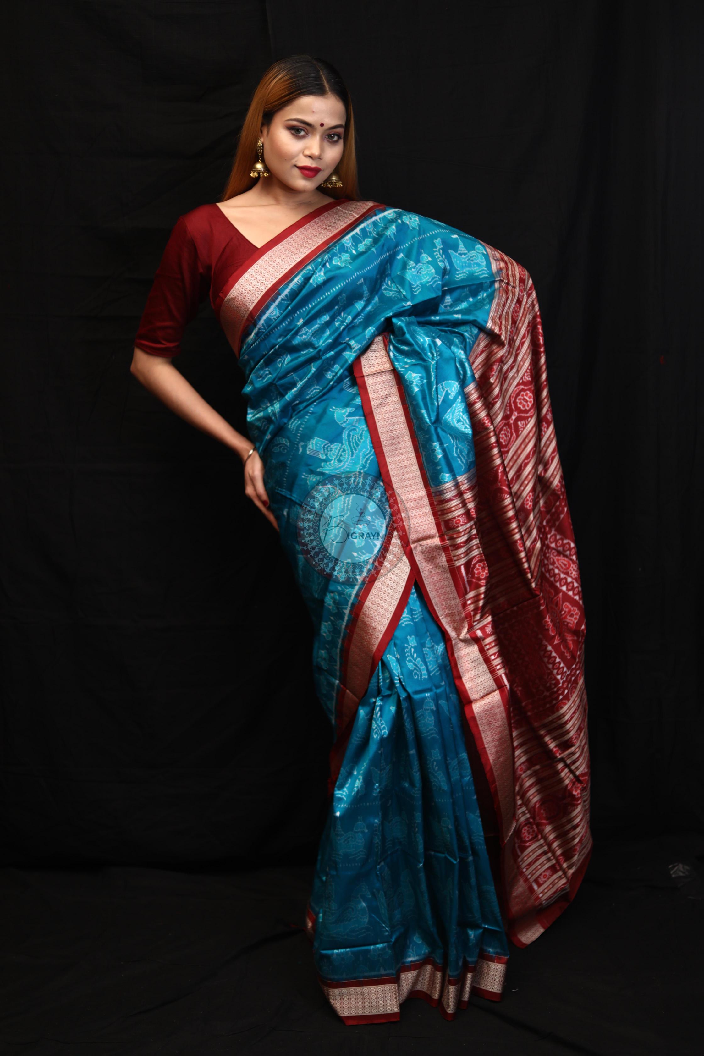 Blue Red Boita Bandha Sambalpuri Silk Saree