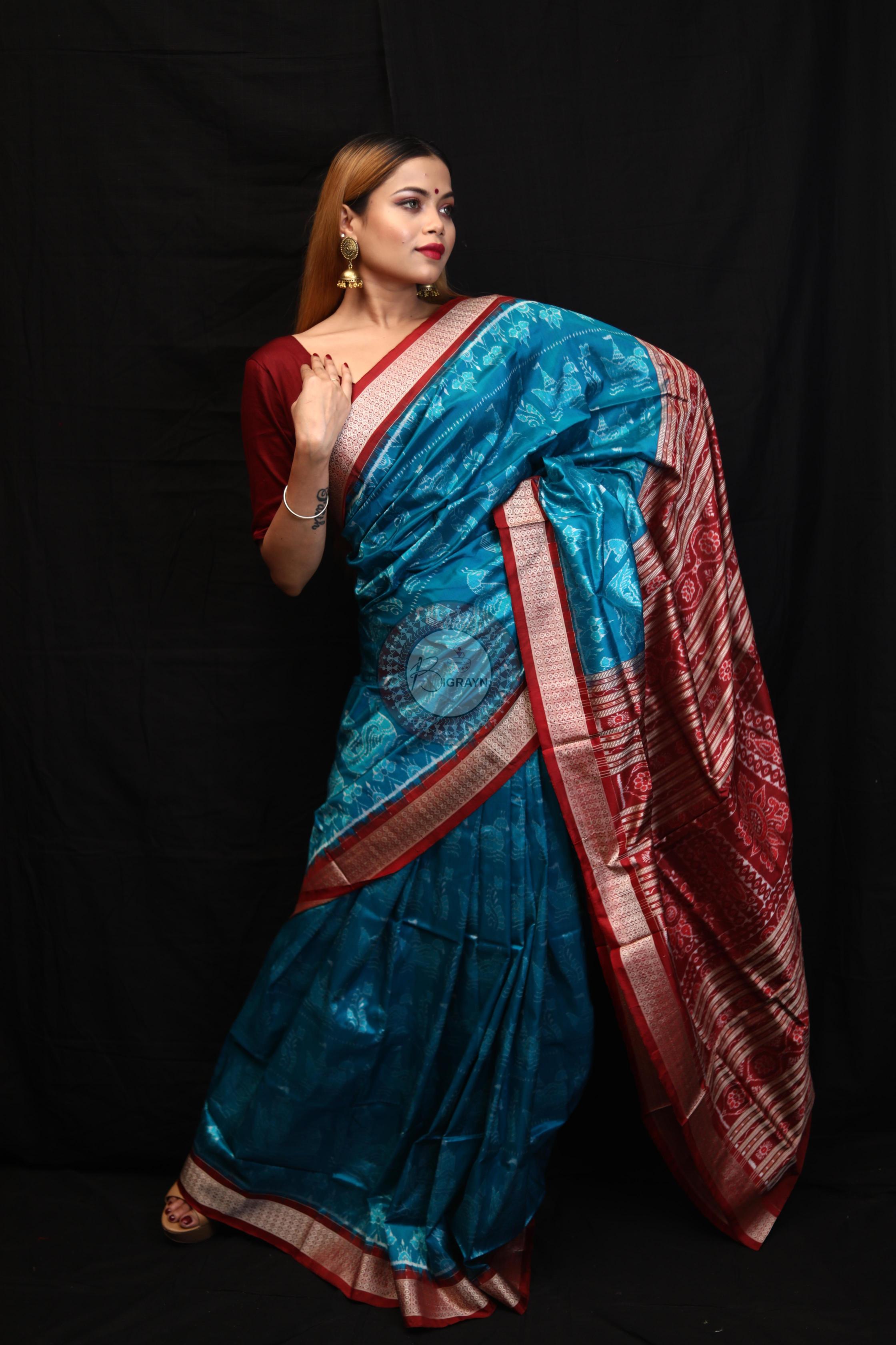 Blue Red Boita Bandha Sambalpuri Silk Saree