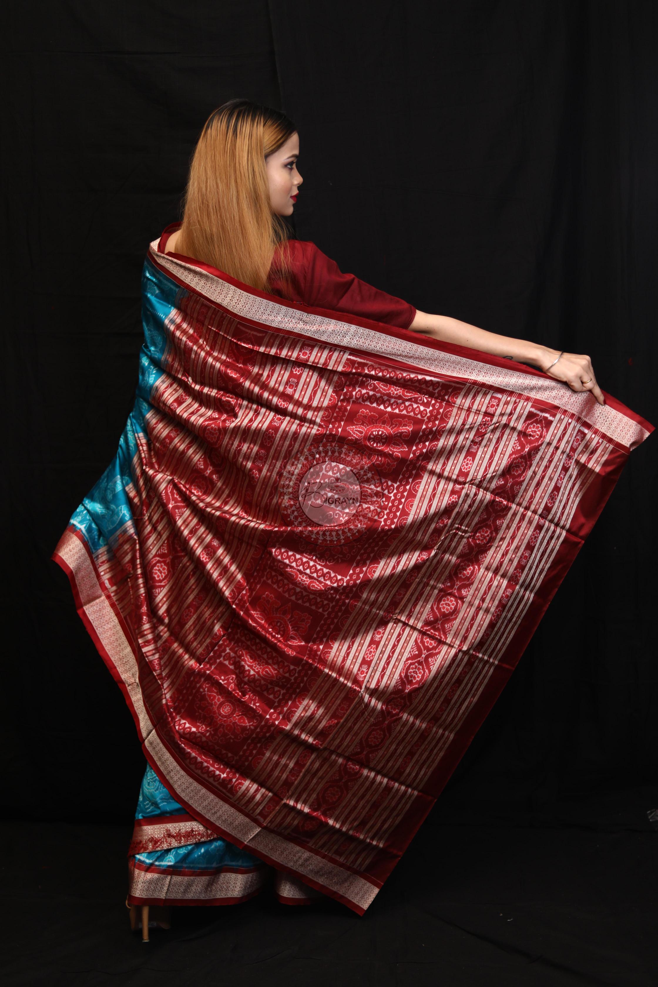 Blue Red Boita Bandha Sambalpuri Silk Saree