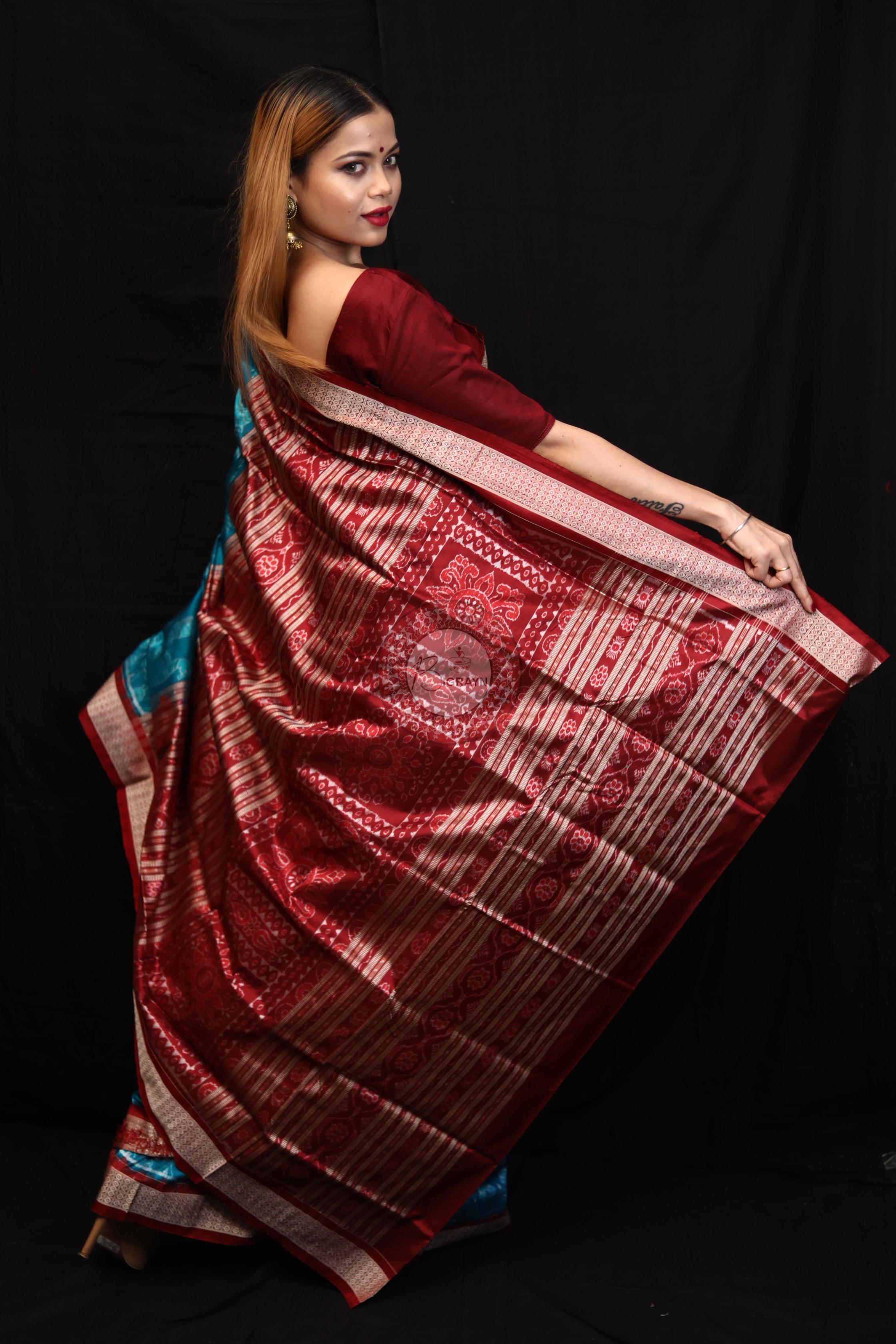 Blue Red Boita Bandha Sambalpuri Silk Saree
