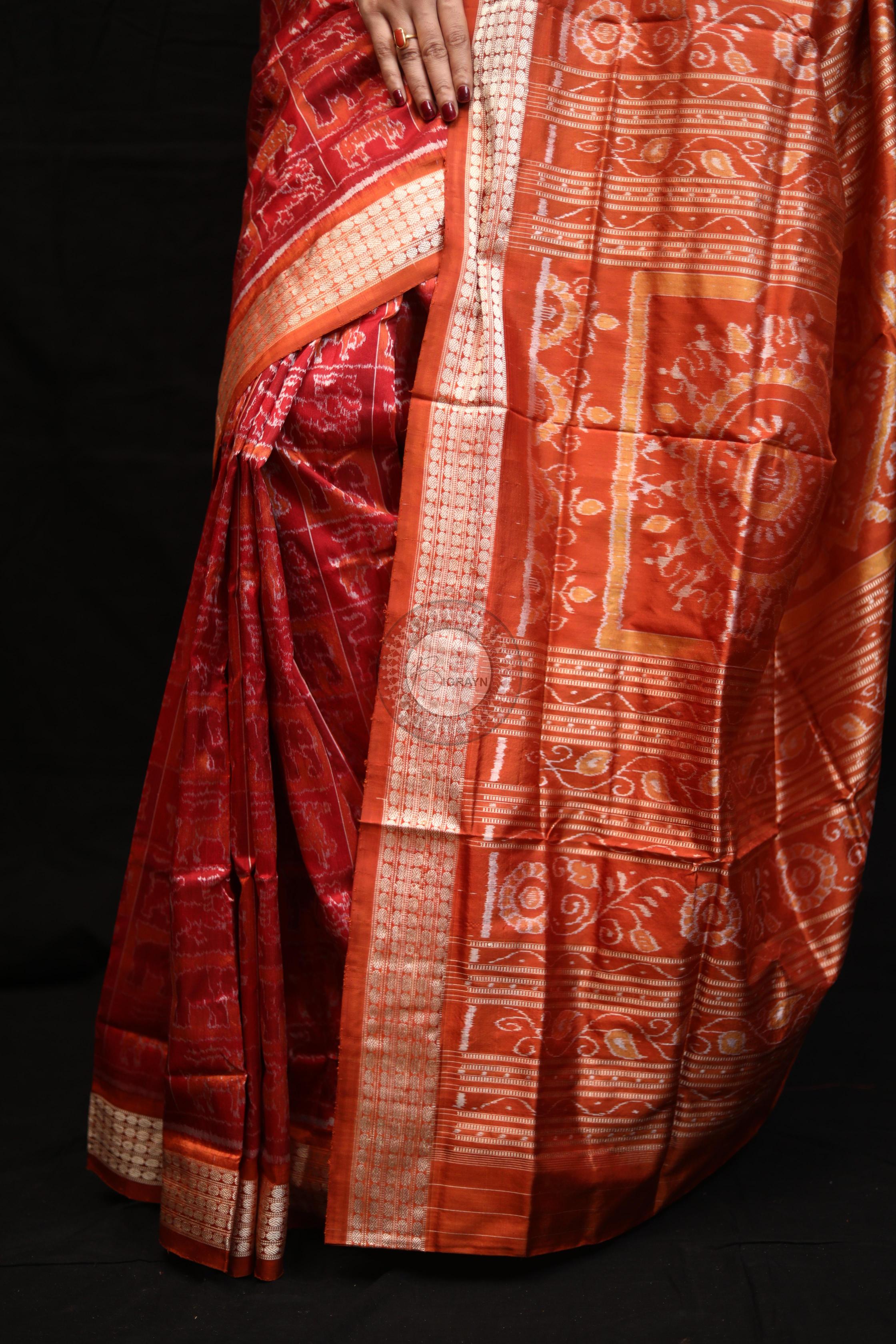 Maroon Rust Small Box Animal Bandha Sambalpuri Silk Saree