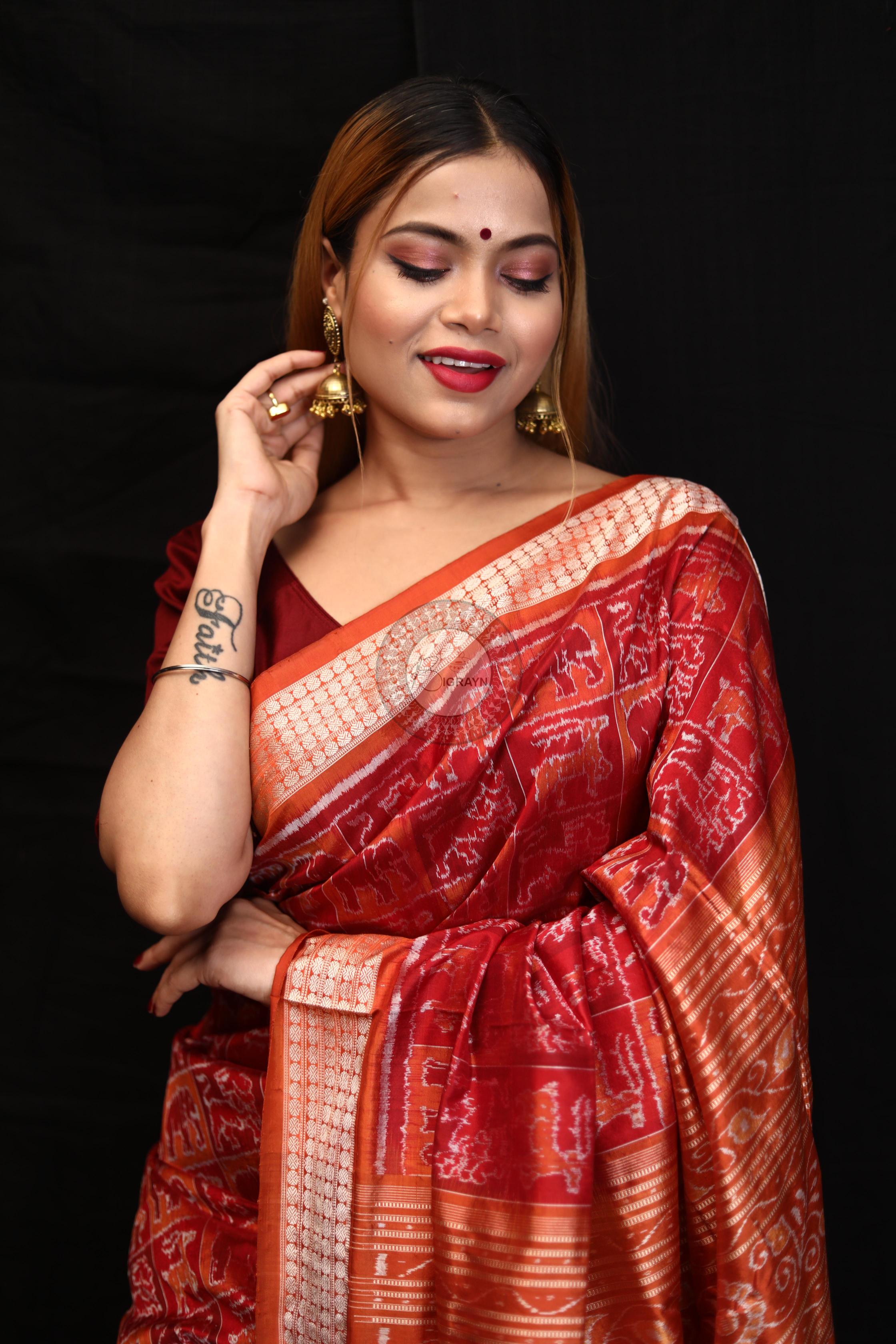 Maroon Rust Small Box Animal Bandha Sambalpuri Silk Saree