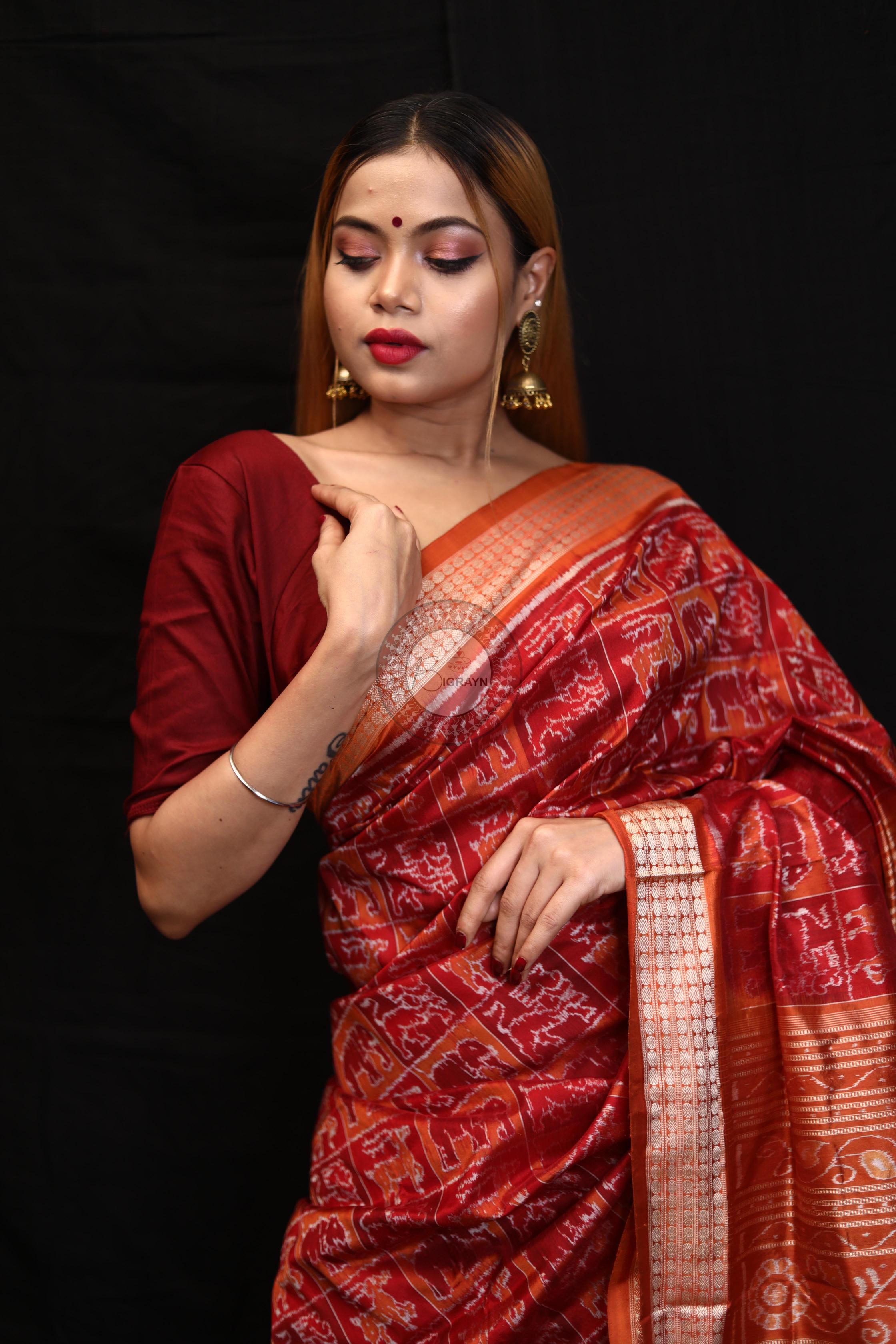 Maroon Rust Small Box Animal Bandha Sambalpuri Silk Saree