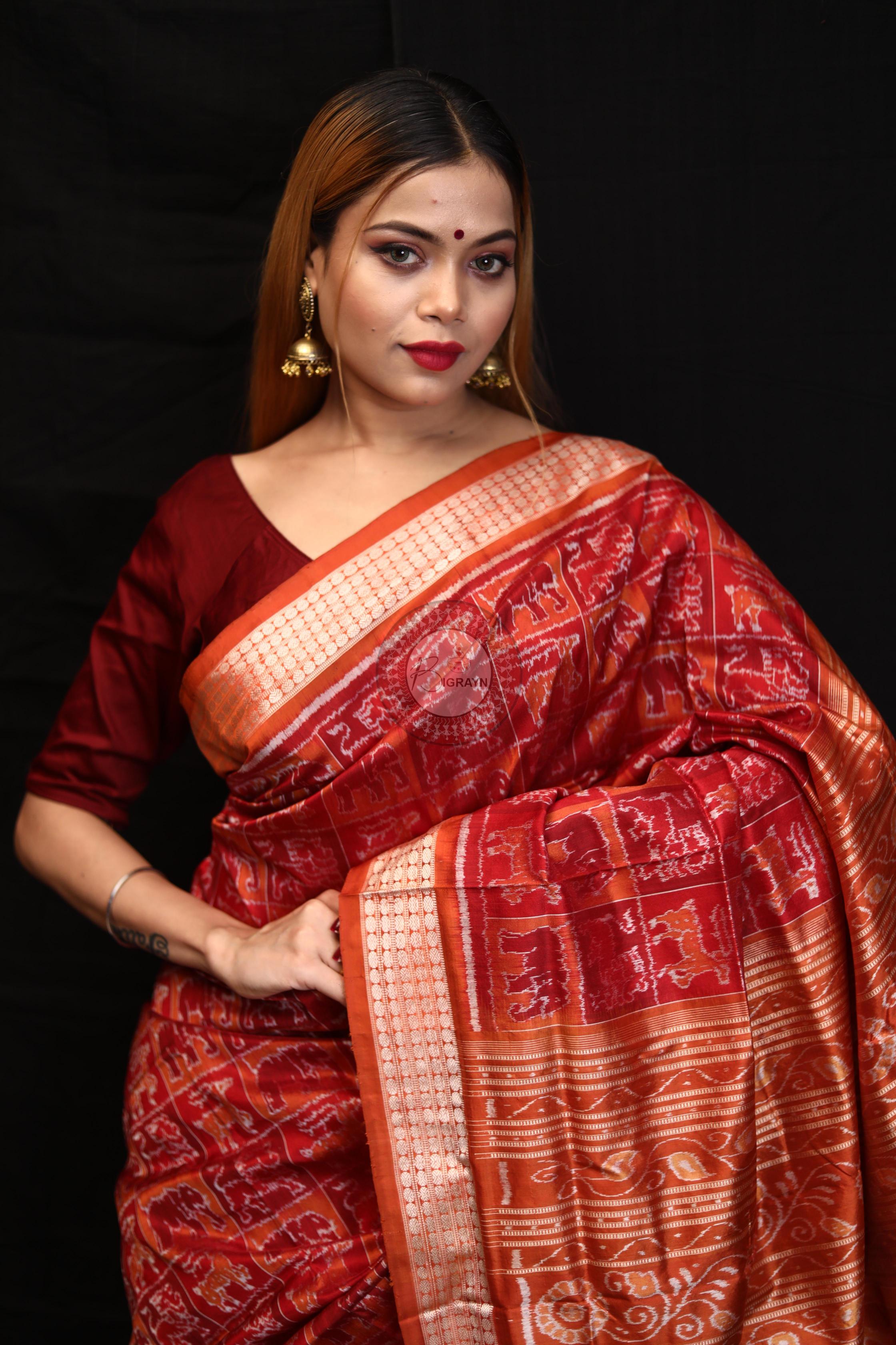 Maroon Rust Small Box Animal Bandha Sambalpuri Silk Saree