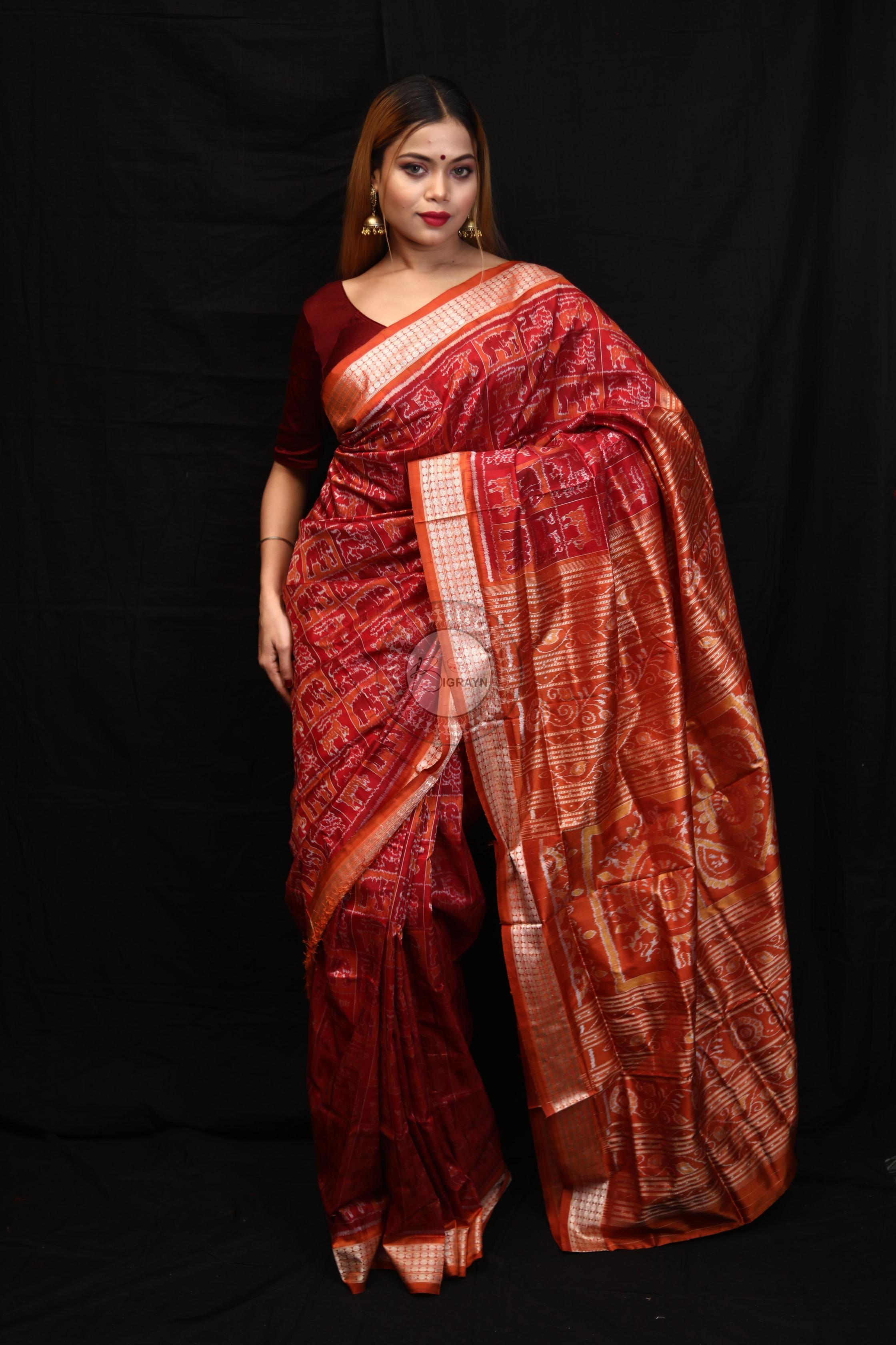 Maroon Rust Small Box Animal Bandha Sambalpuri Silk Saree
