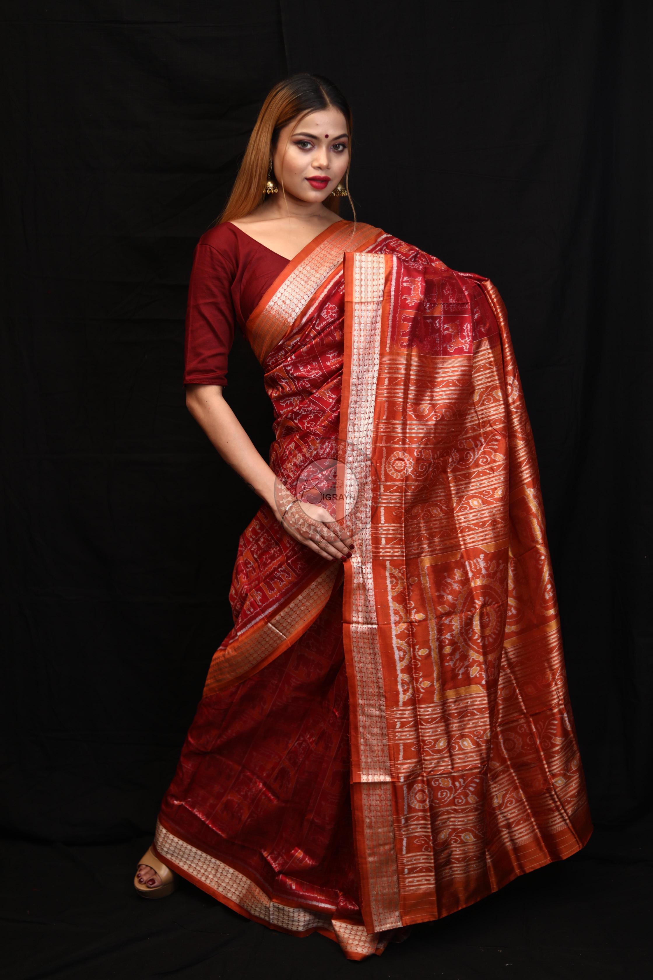Maroon Rust Small Box Animal Bandha Sambalpuri Silk Saree