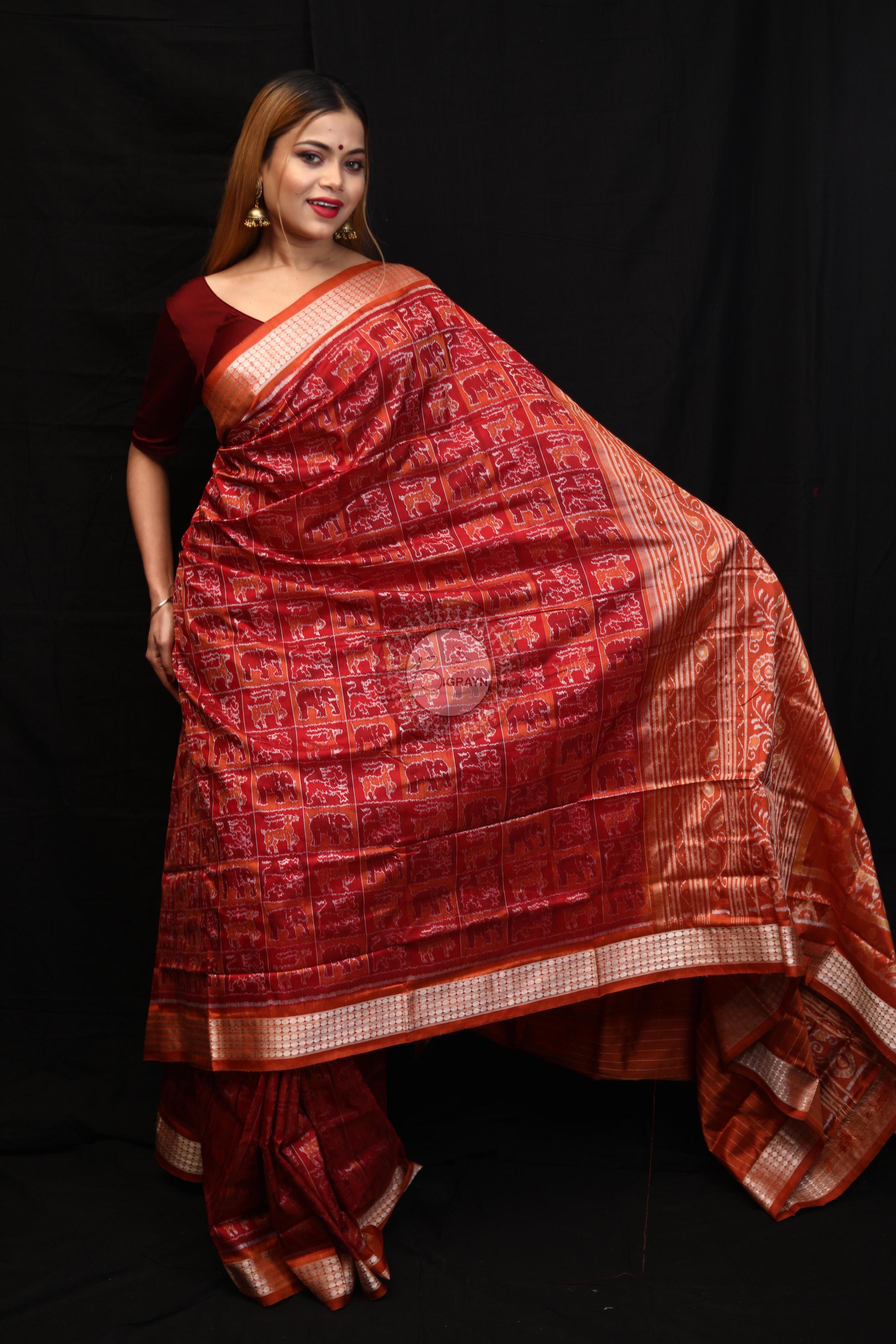 Maroon Rust Small Box Animal Bandha Sambalpuri Silk Saree