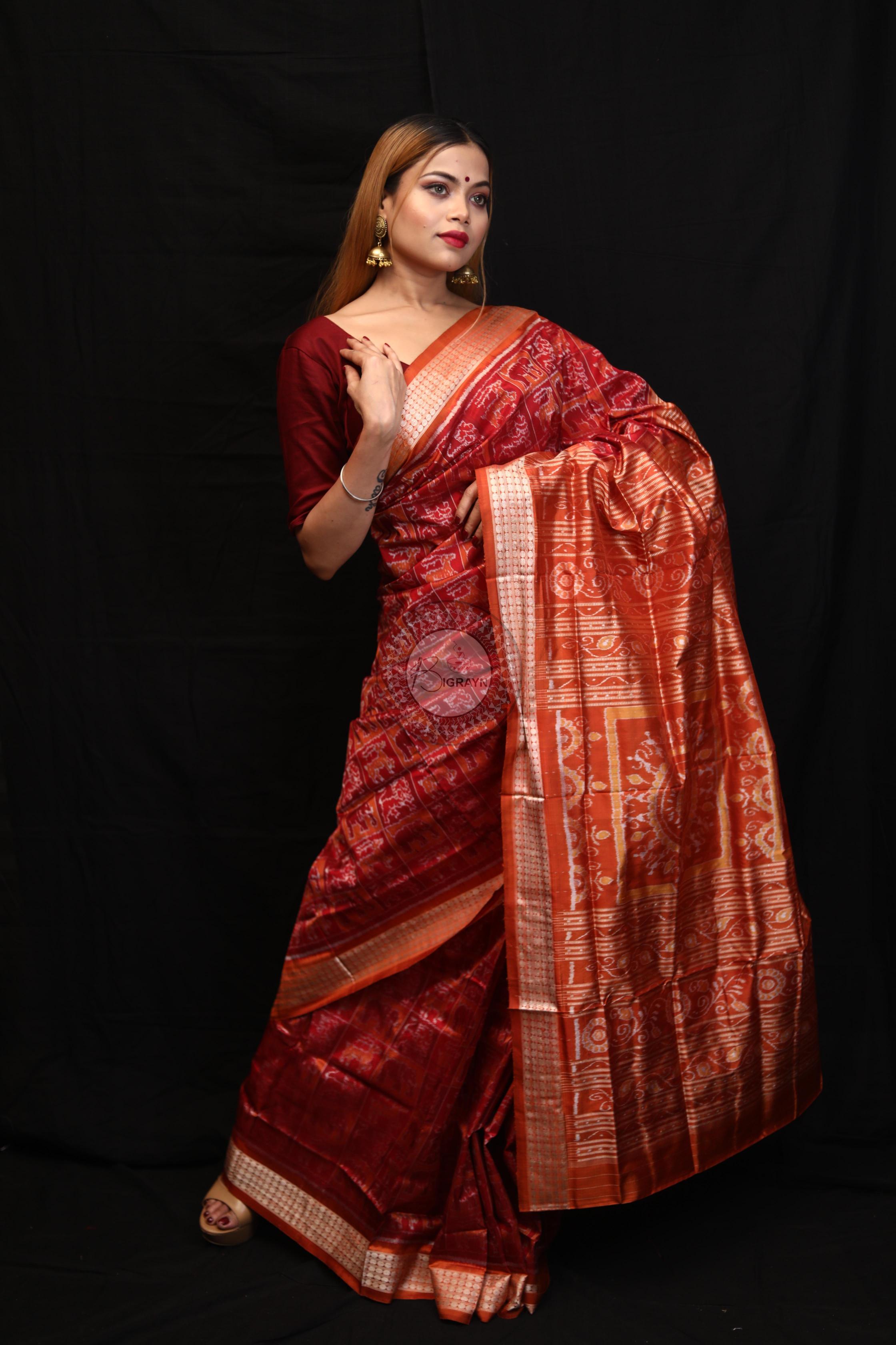 Maroon Rust Small Box Animal Bandha Sambalpuri Silk Saree