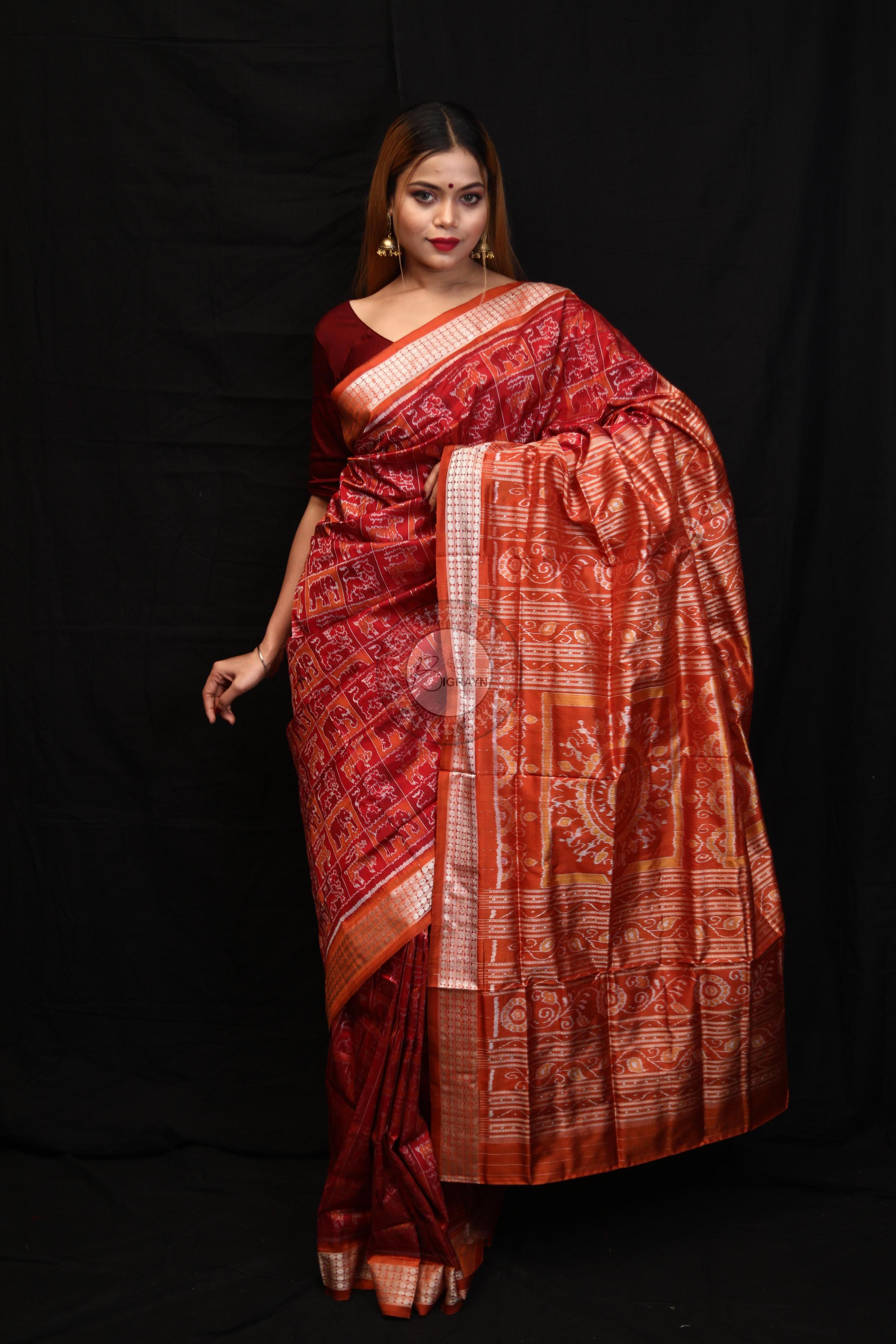 Maroon Rust Small Box Animal Bandha Sambalpuri Silk Saree