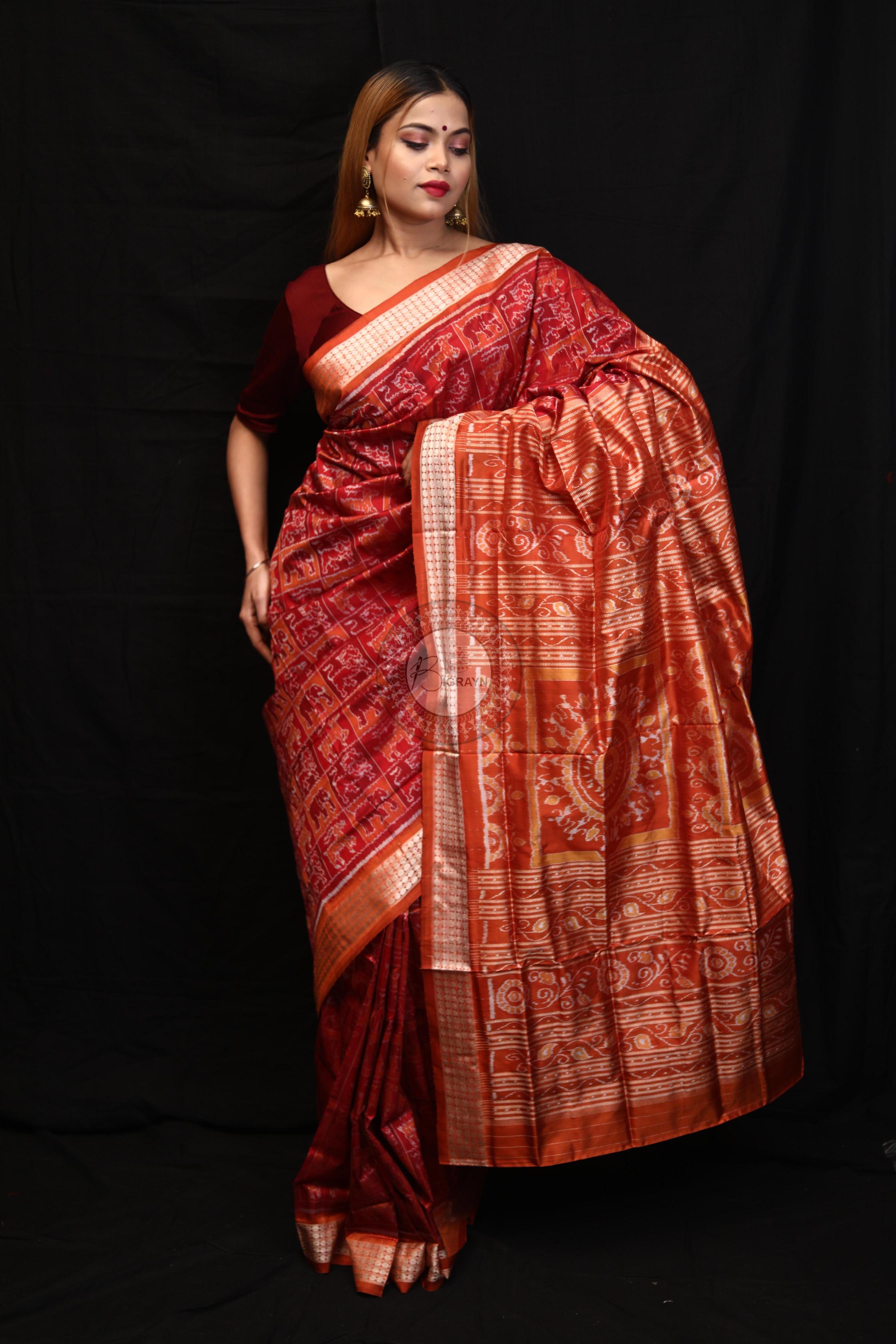 Maroon Rust Small Box Animal Bandha Sambalpuri Silk Saree