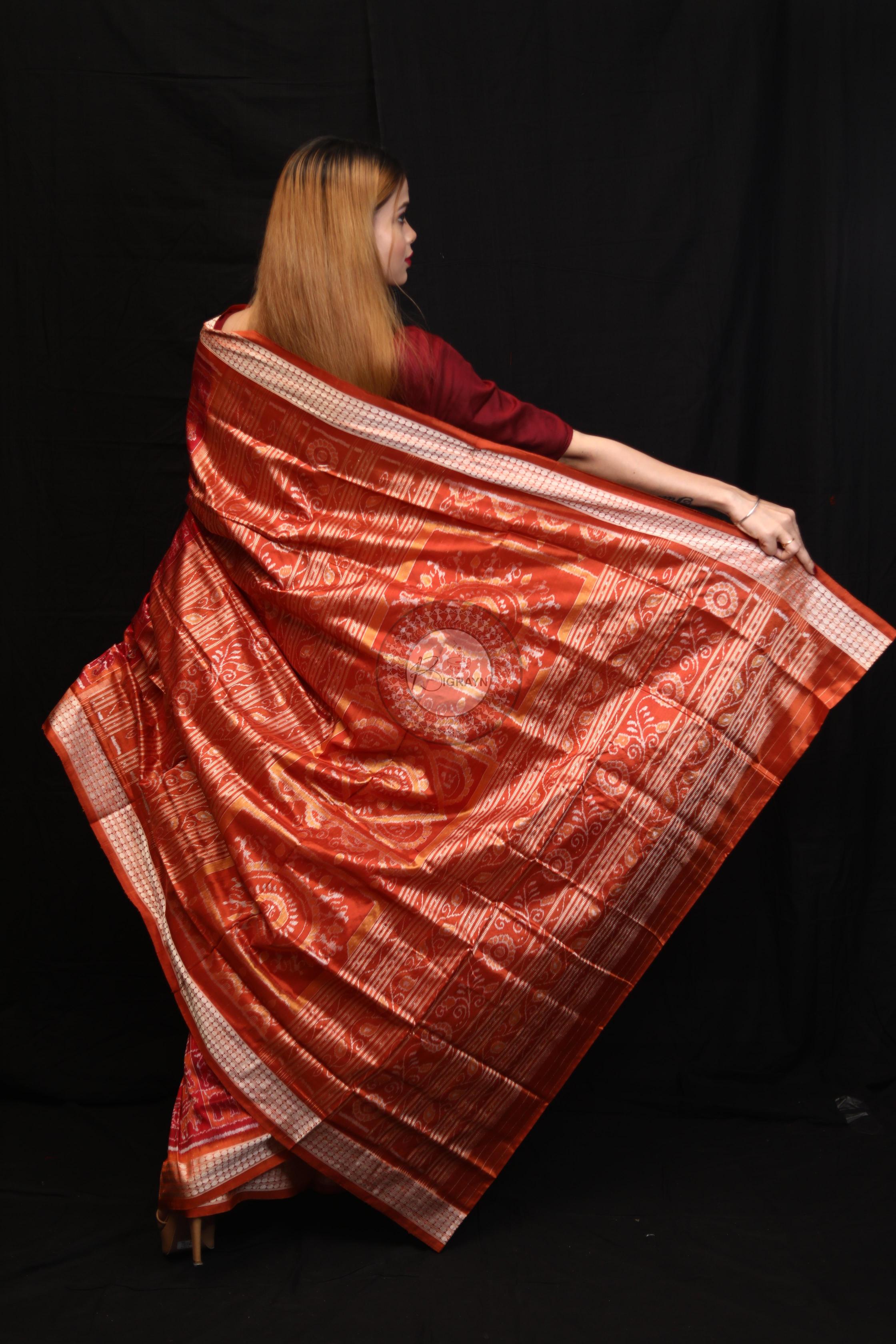 Maroon Rust Small Box Animal Bandha Sambalpuri Silk Saree