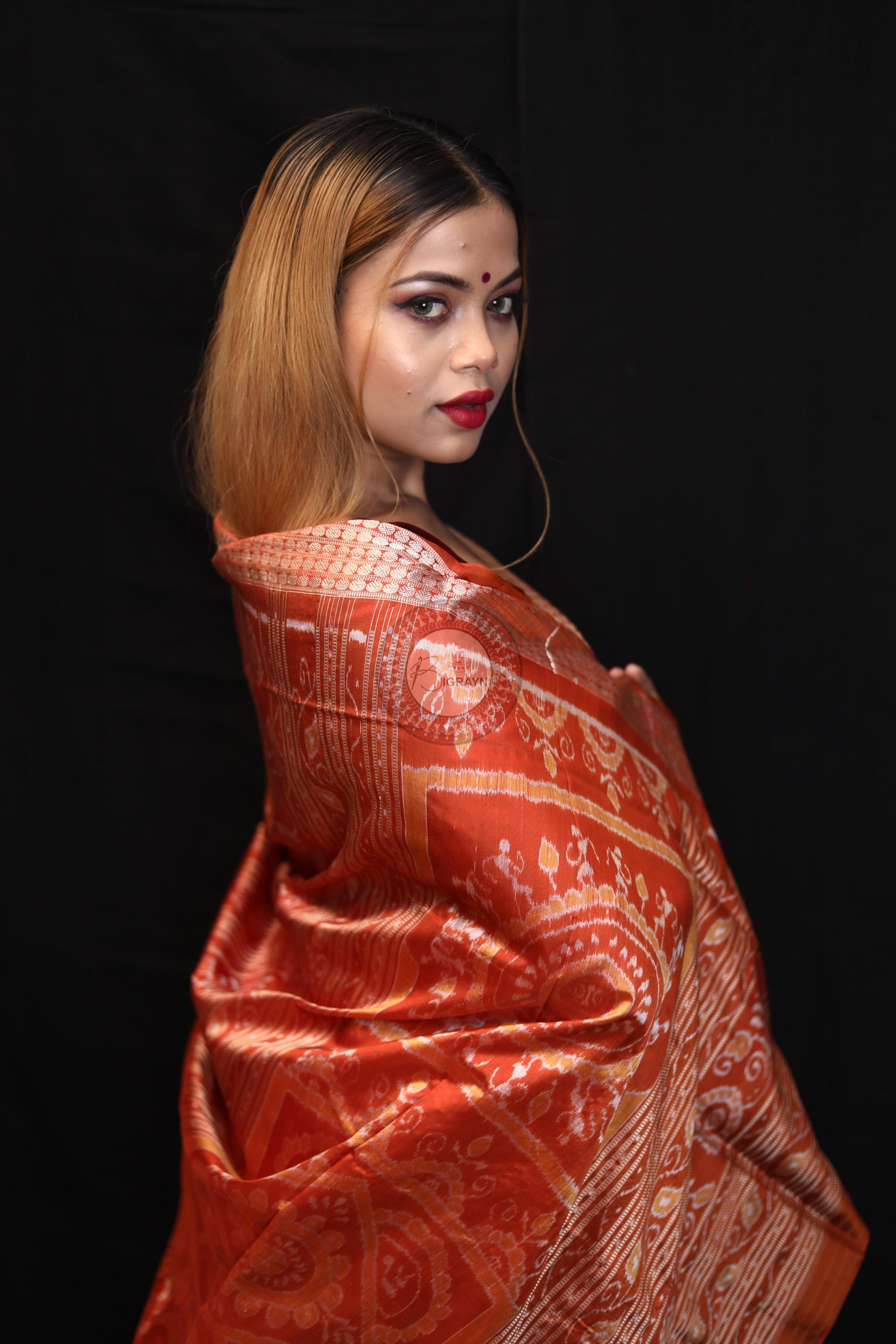 Maroon Rust Small Box Animal Bandha Sambalpuri Silk Saree