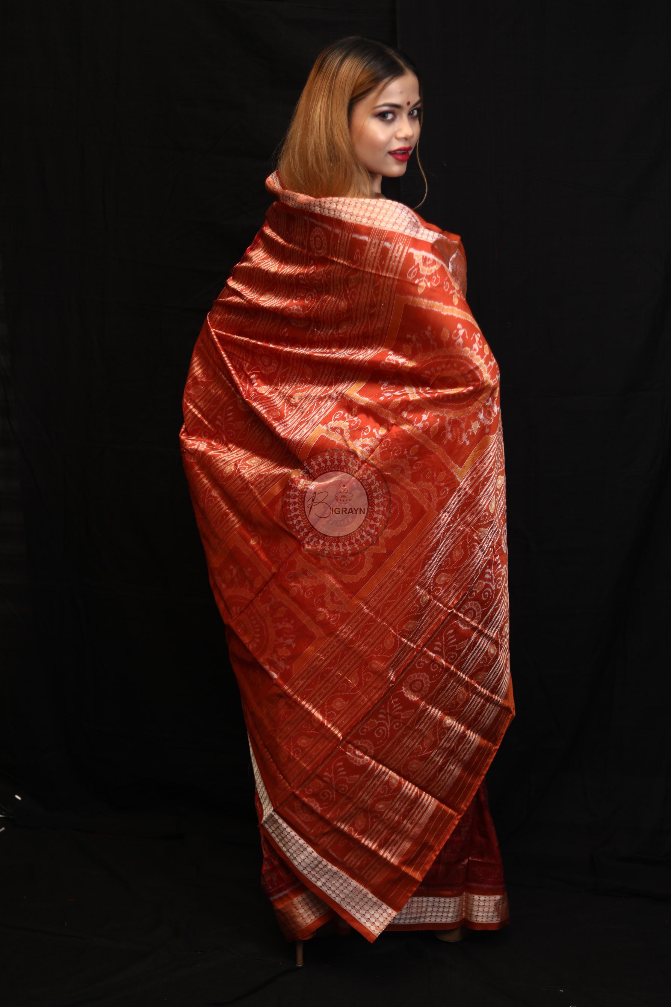 Maroon Rust Small Box Animal Bandha Sambalpuri Silk Saree