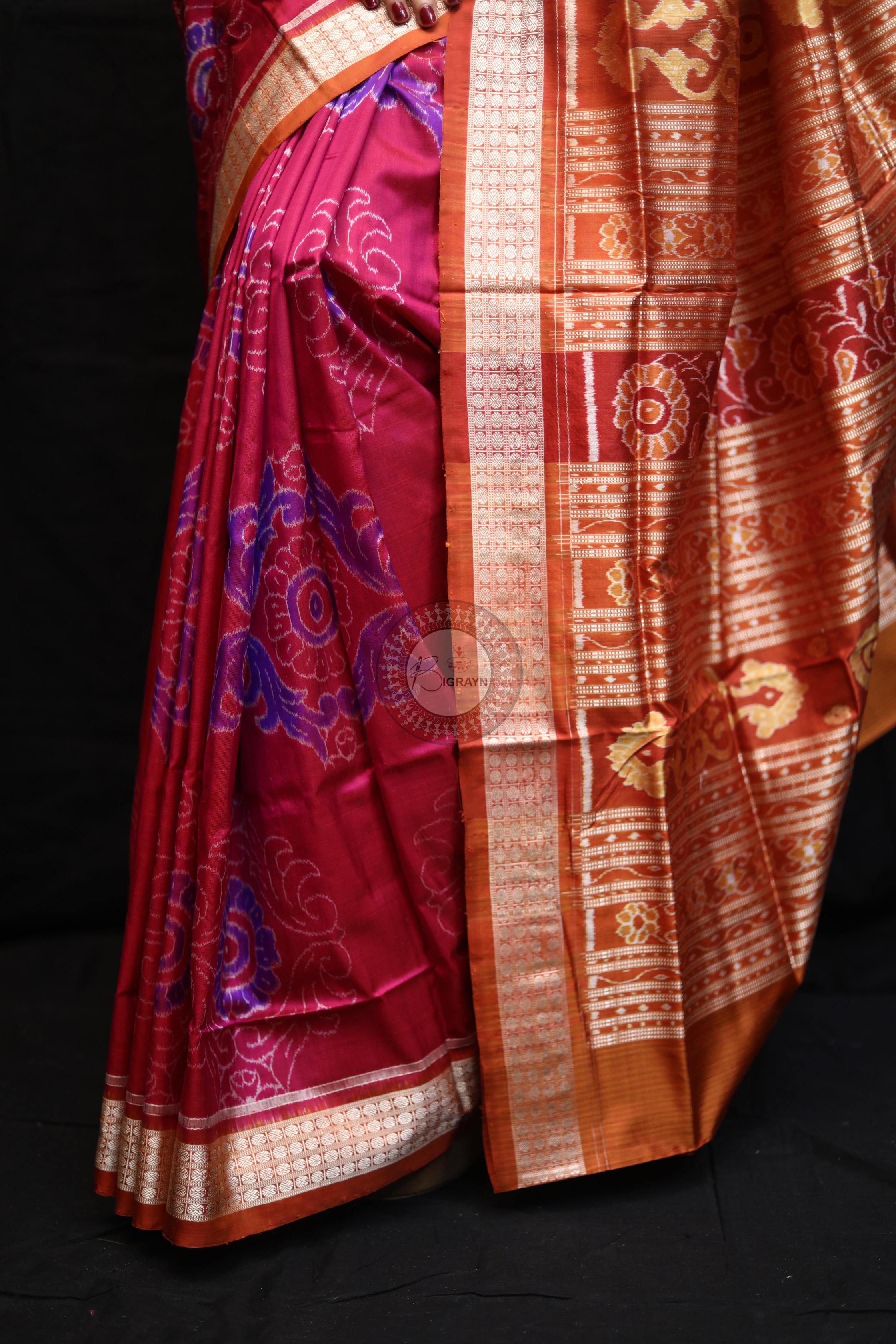 Purple Orange Big Flowers Sambalpuri Silk Saree