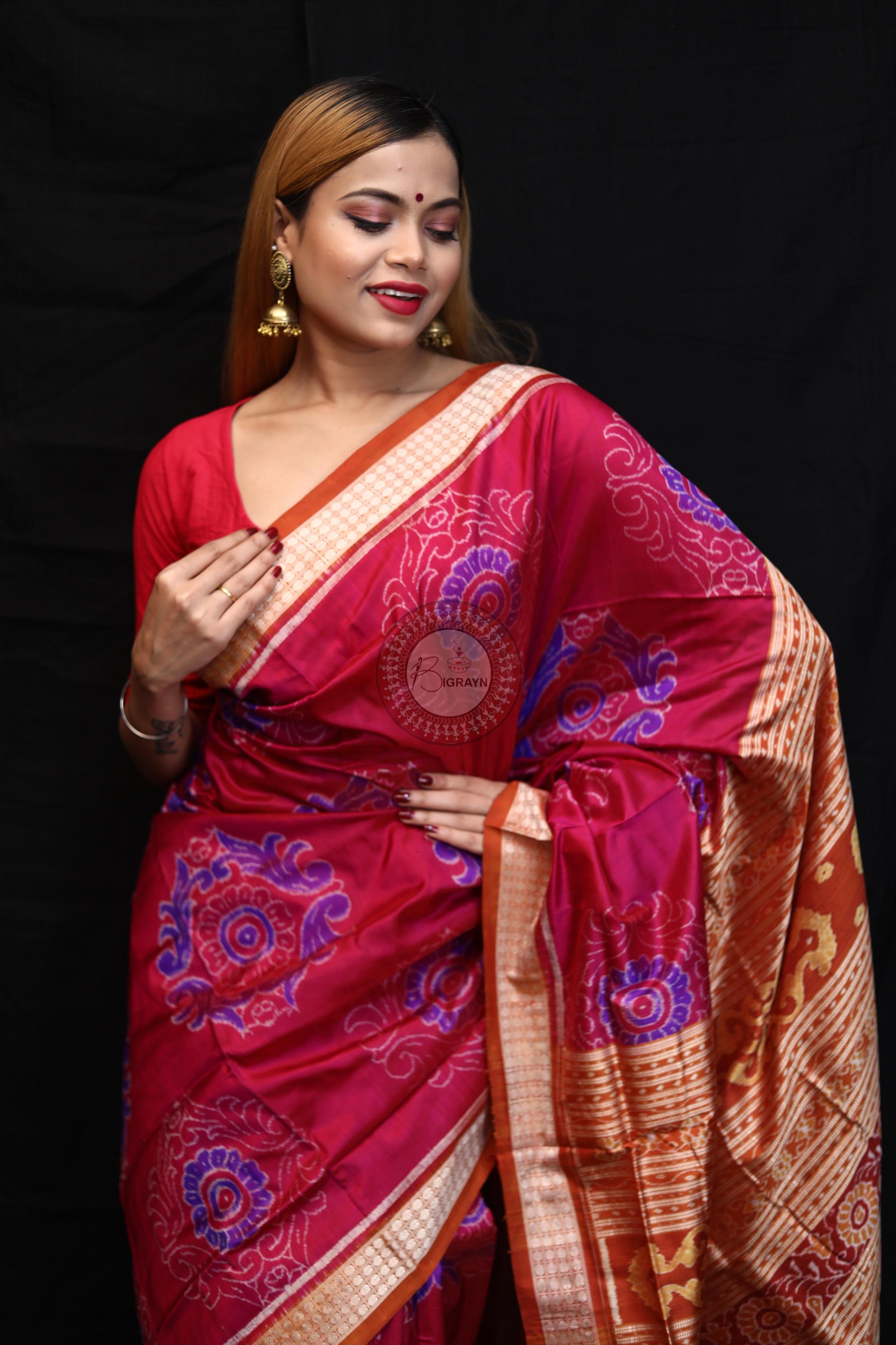 Purple Orange Big Flowers Sambalpuri Silk Saree