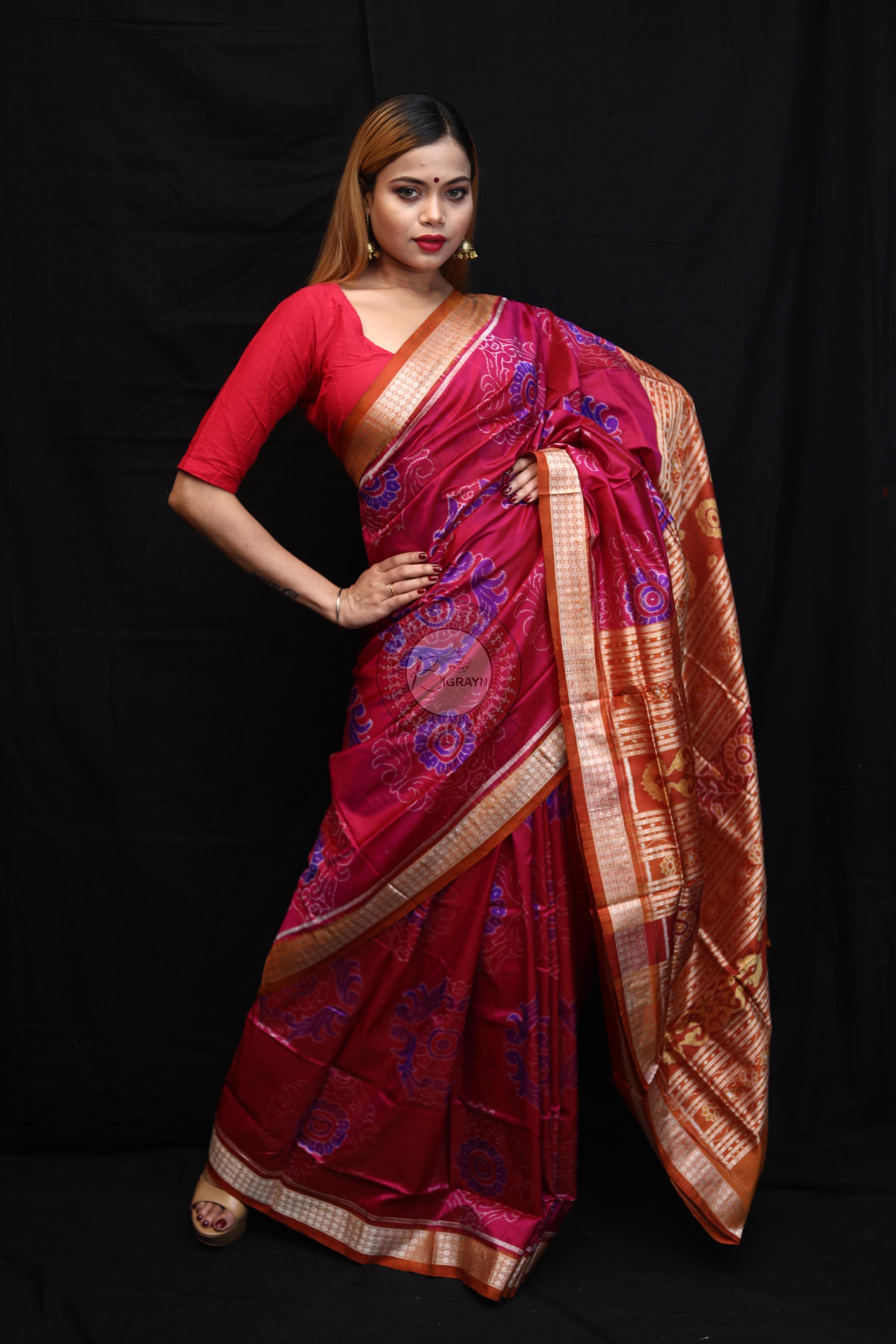 Purple Orange Big Flowers Sambalpuri Silk Saree