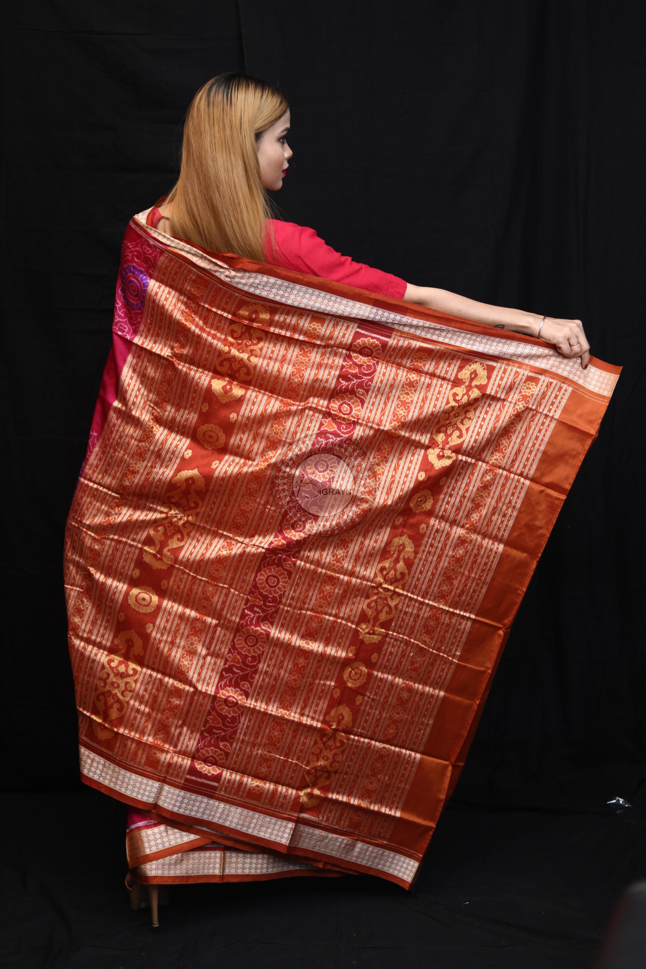 Purple Orange Big Flowers Sambalpuri Silk Saree