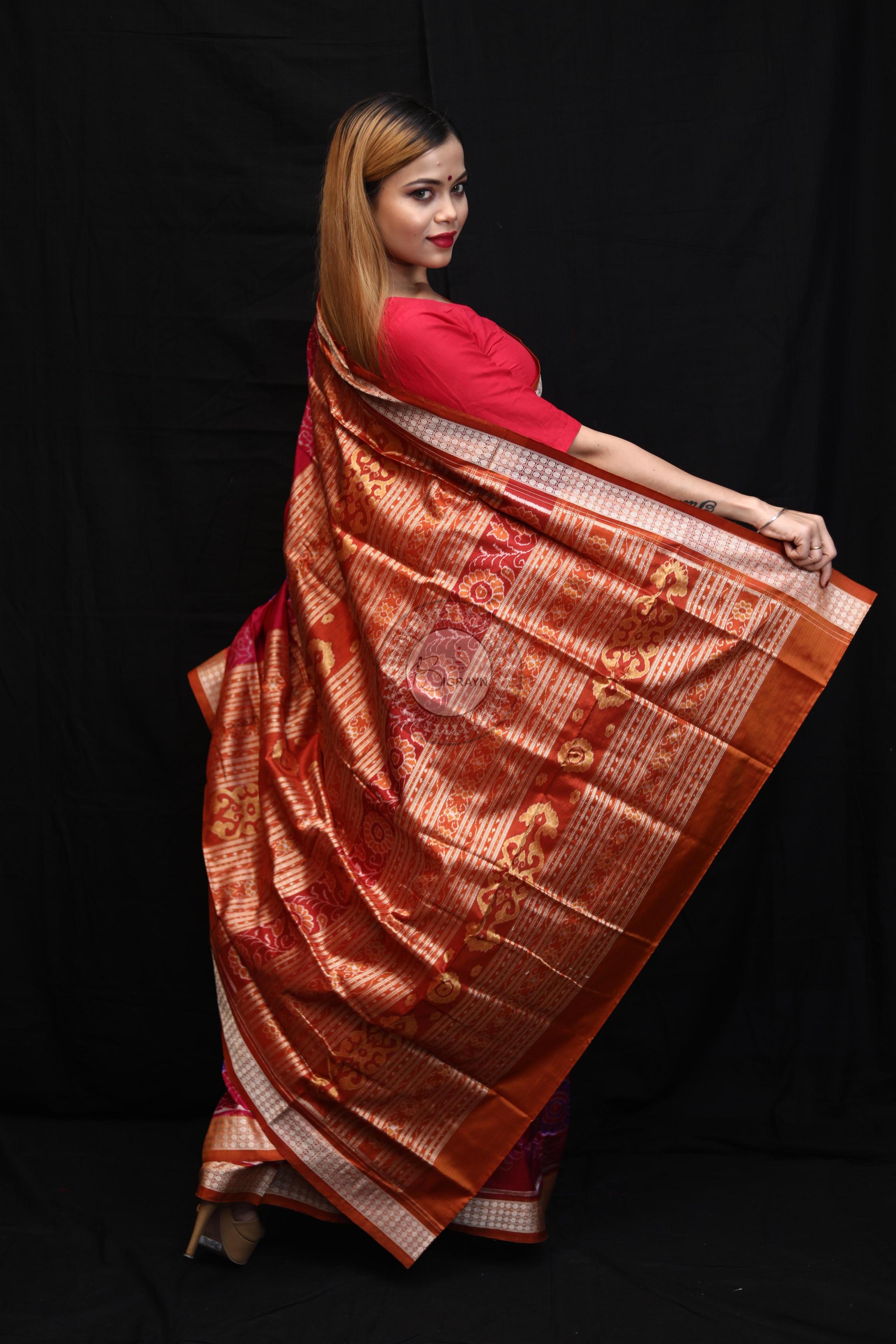 Purple Orange Big Flowers Sambalpuri Silk Saree