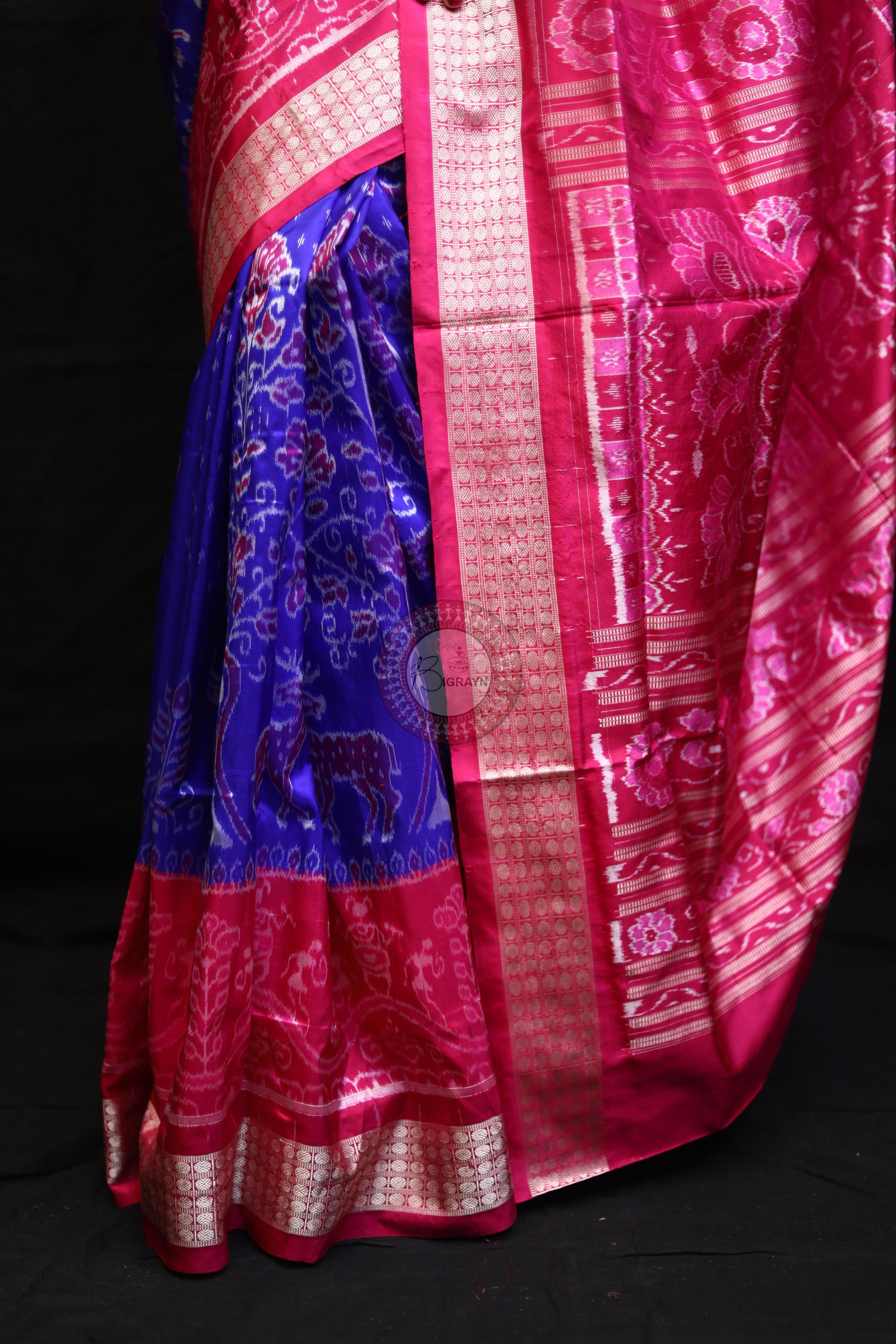 Blue Magenta Animal And Tree Tribal Scot Sambalpuri Silk Saree