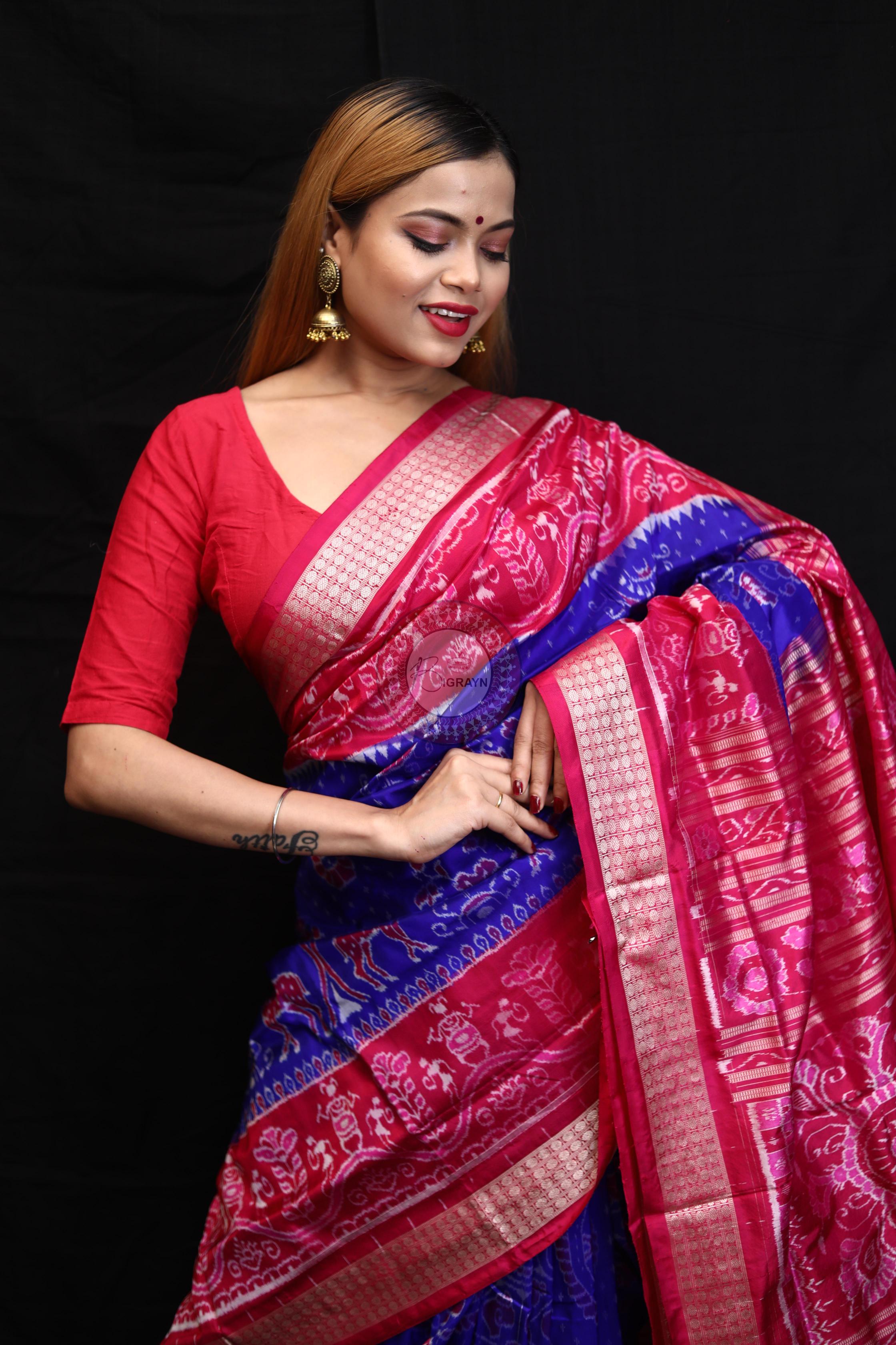 Blue Magenta Animal And Tree Tribal Scot Sambalpuri Silk Saree