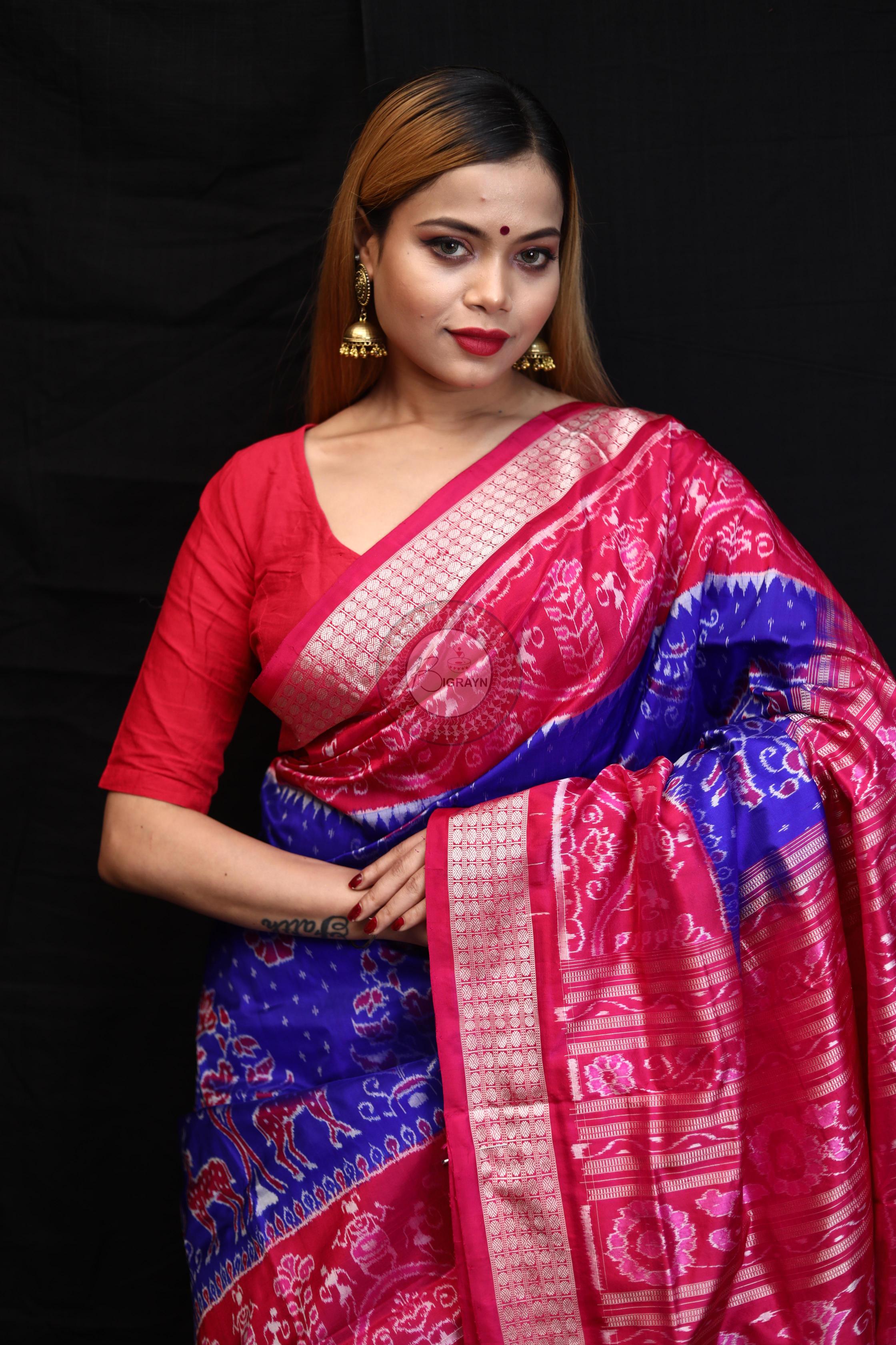 Blue Magenta Animal And Tree Tribal Scot Sambalpuri Silk Saree