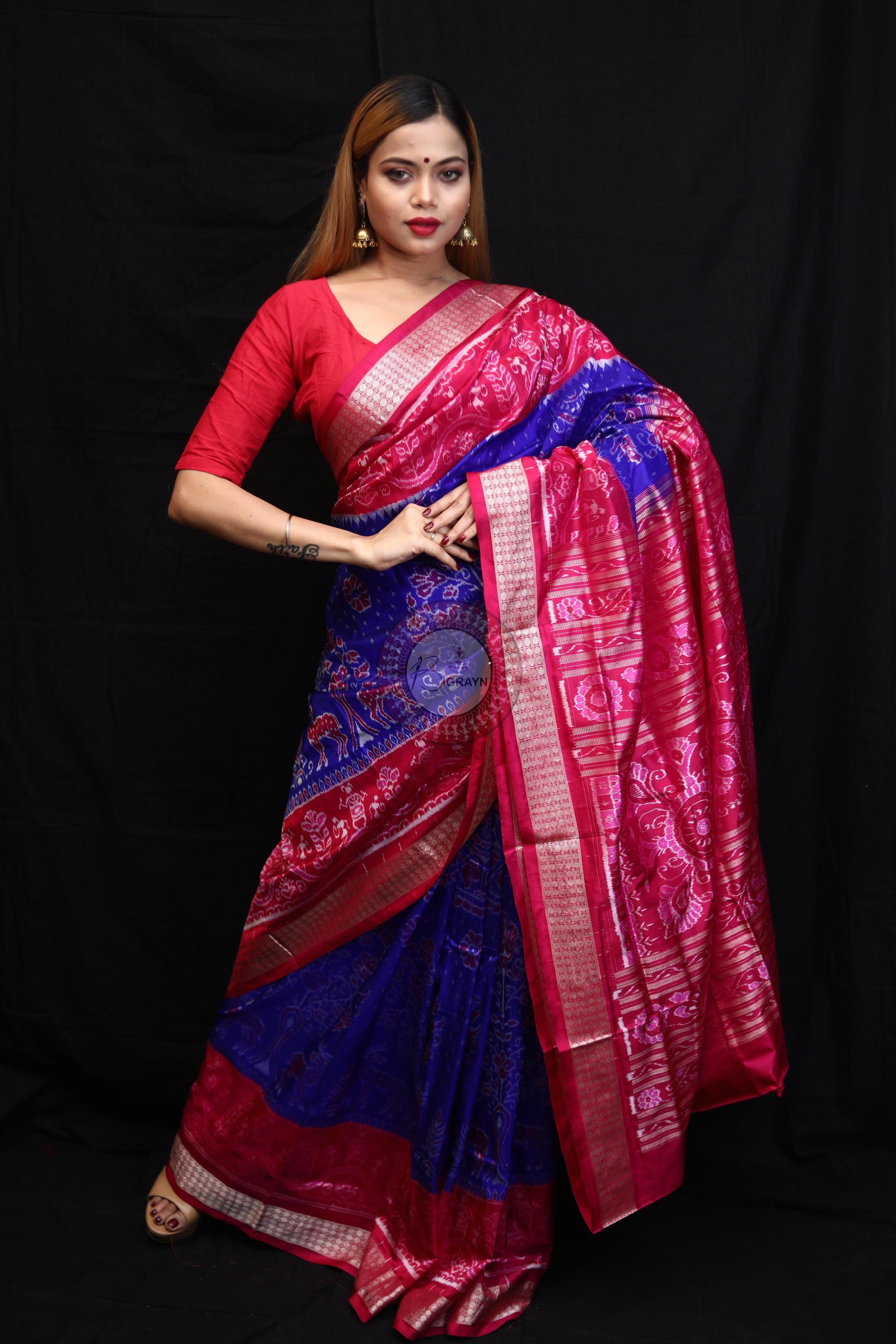 Blue Magenta Animal And Tree Tribal Scot Sambalpuri Silk Saree