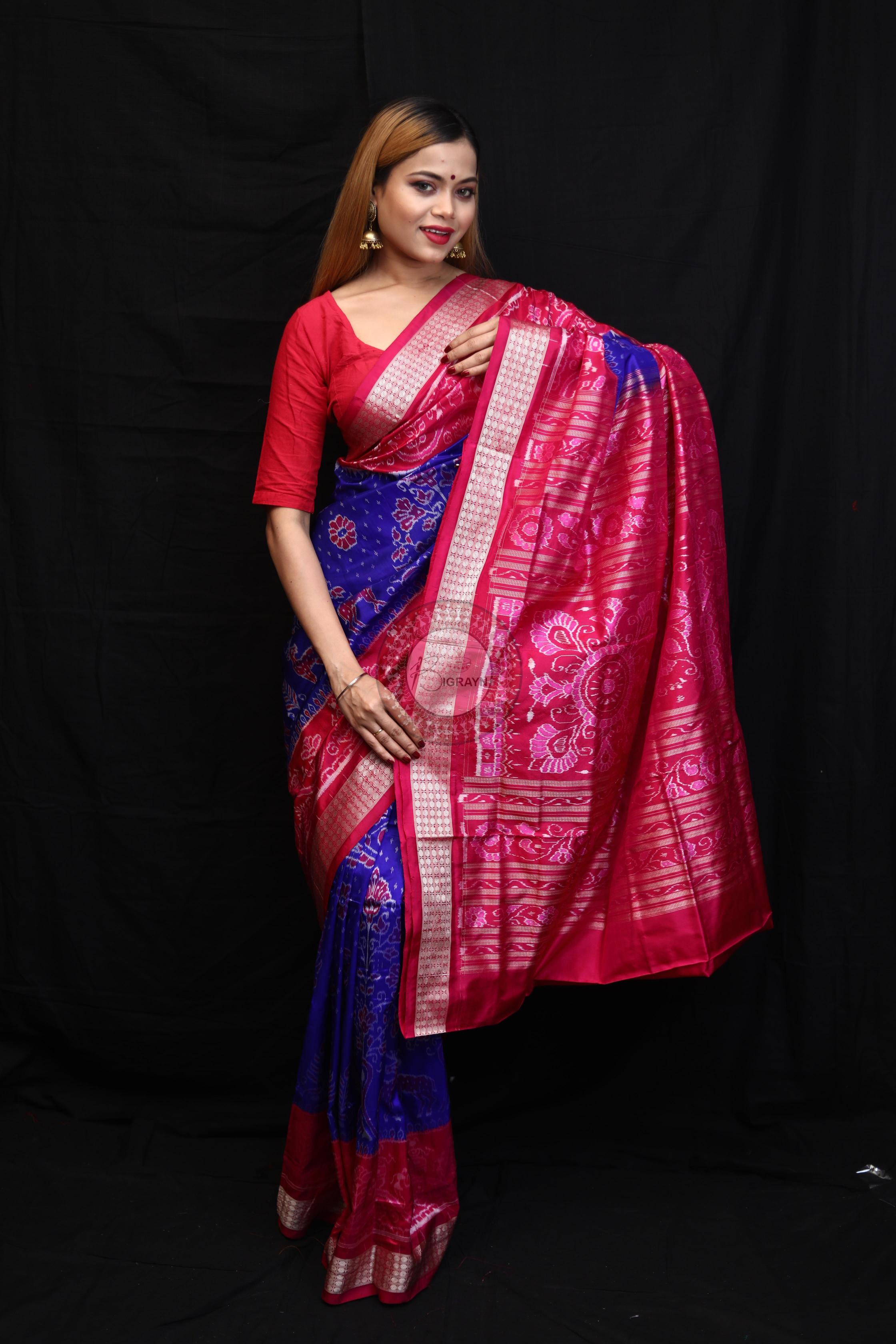 Blue Magenta Animal And Tree Tribal Scot Sambalpuri Silk Saree