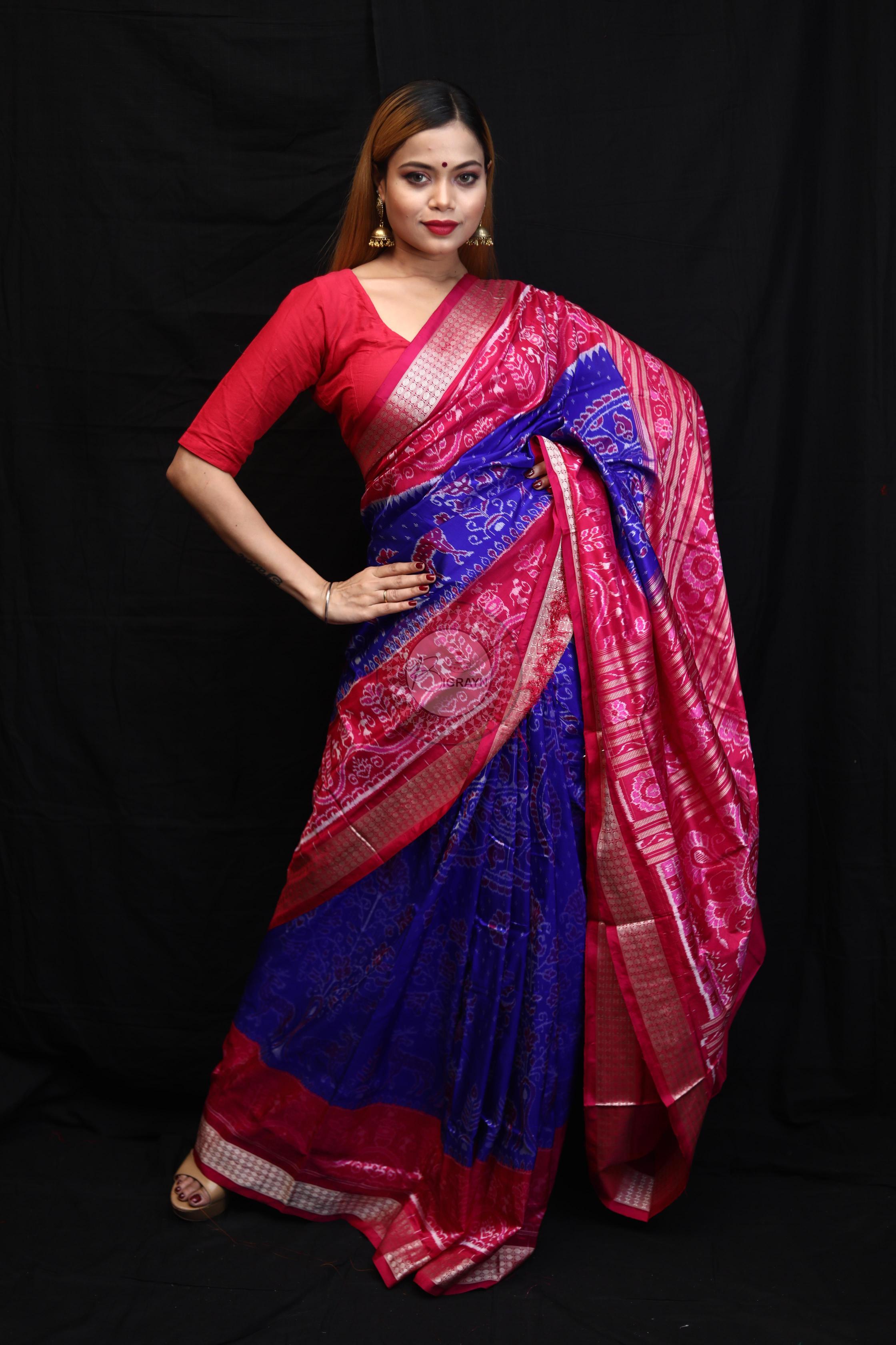 Blue Magenta Animal And Tree Tribal Scot Sambalpuri Silk Saree