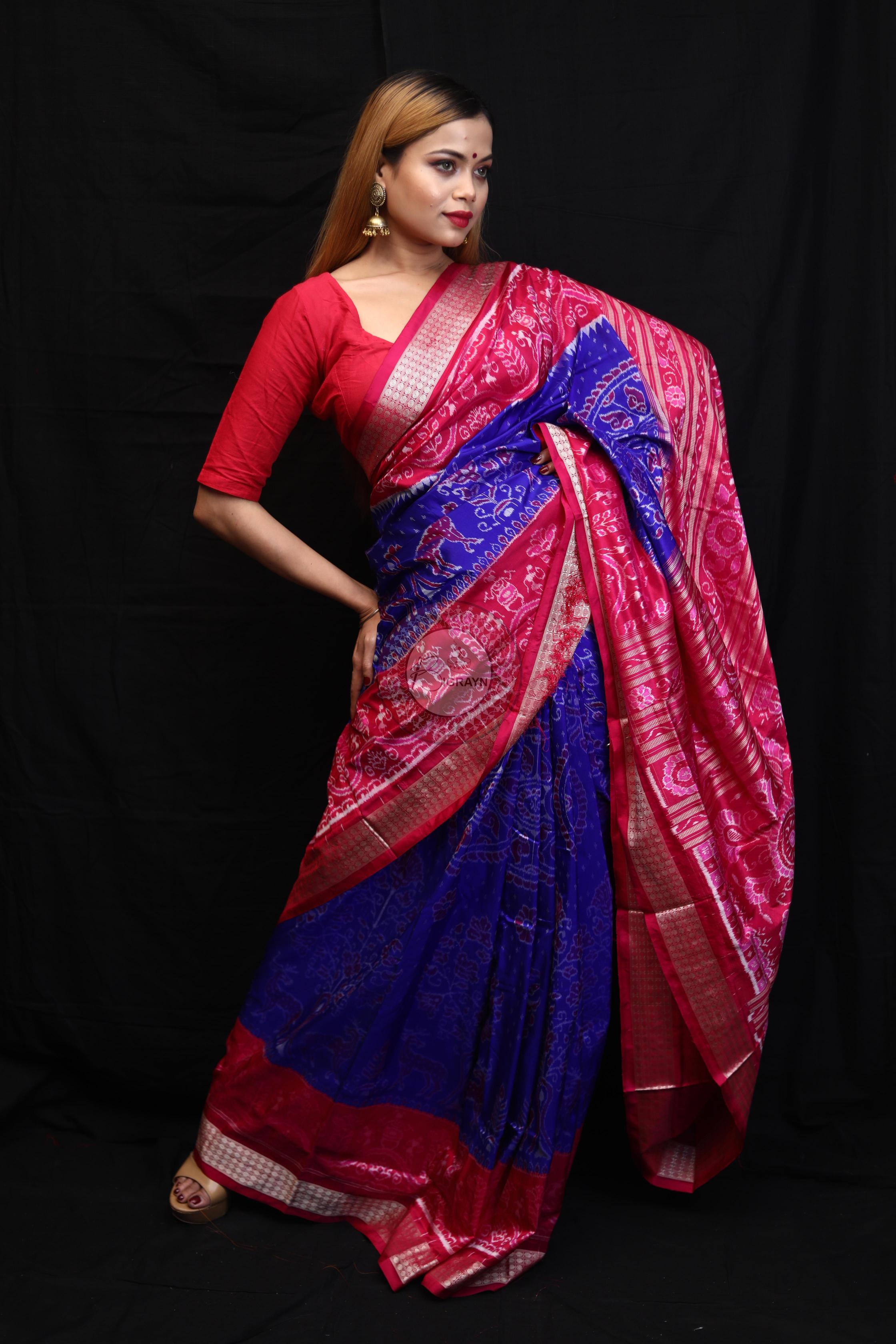 Blue Magenta Animal And Tree Tribal Scot Sambalpuri Silk Saree