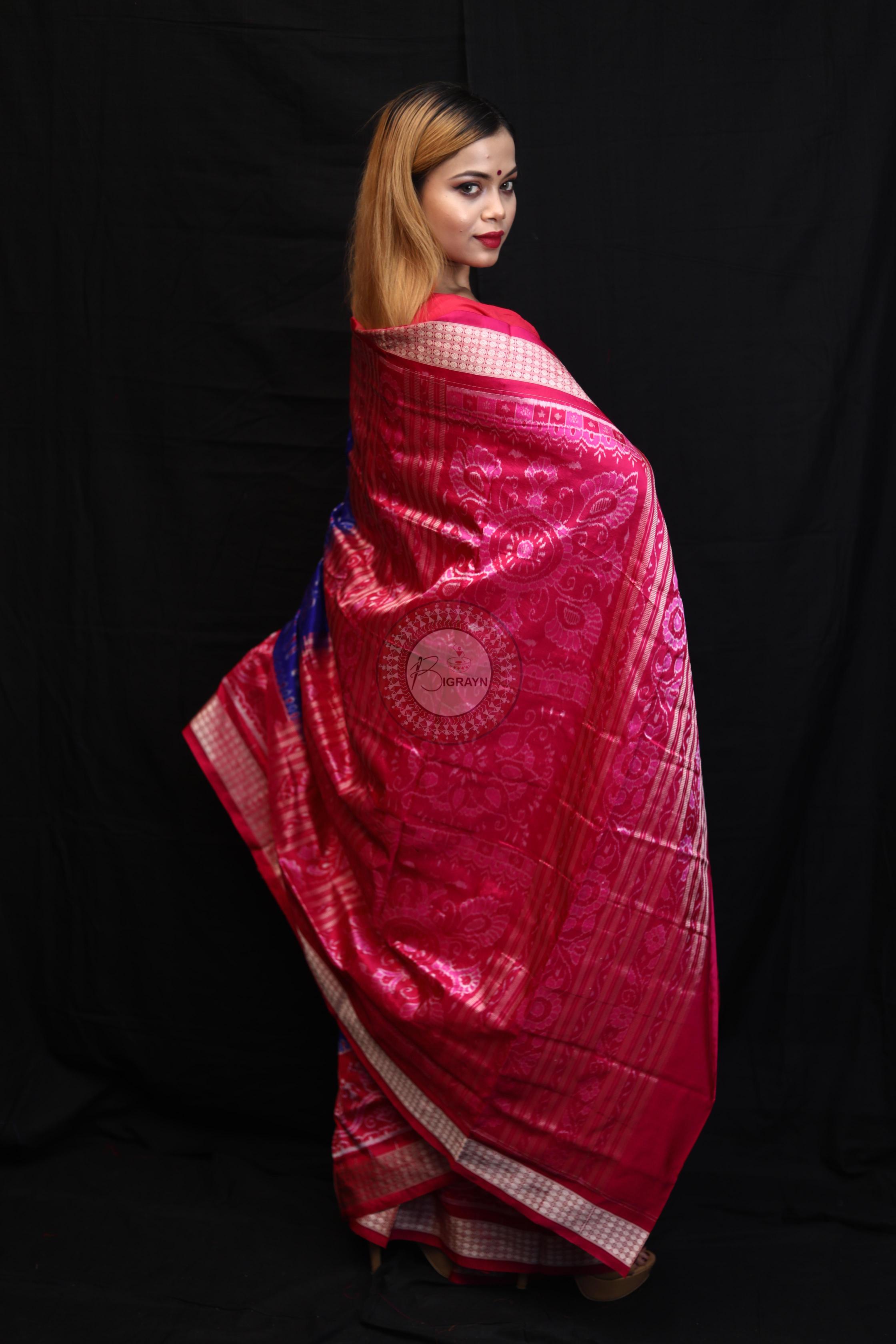 Blue Magenta Animal And Tree Tribal Scot Sambalpuri Silk Saree