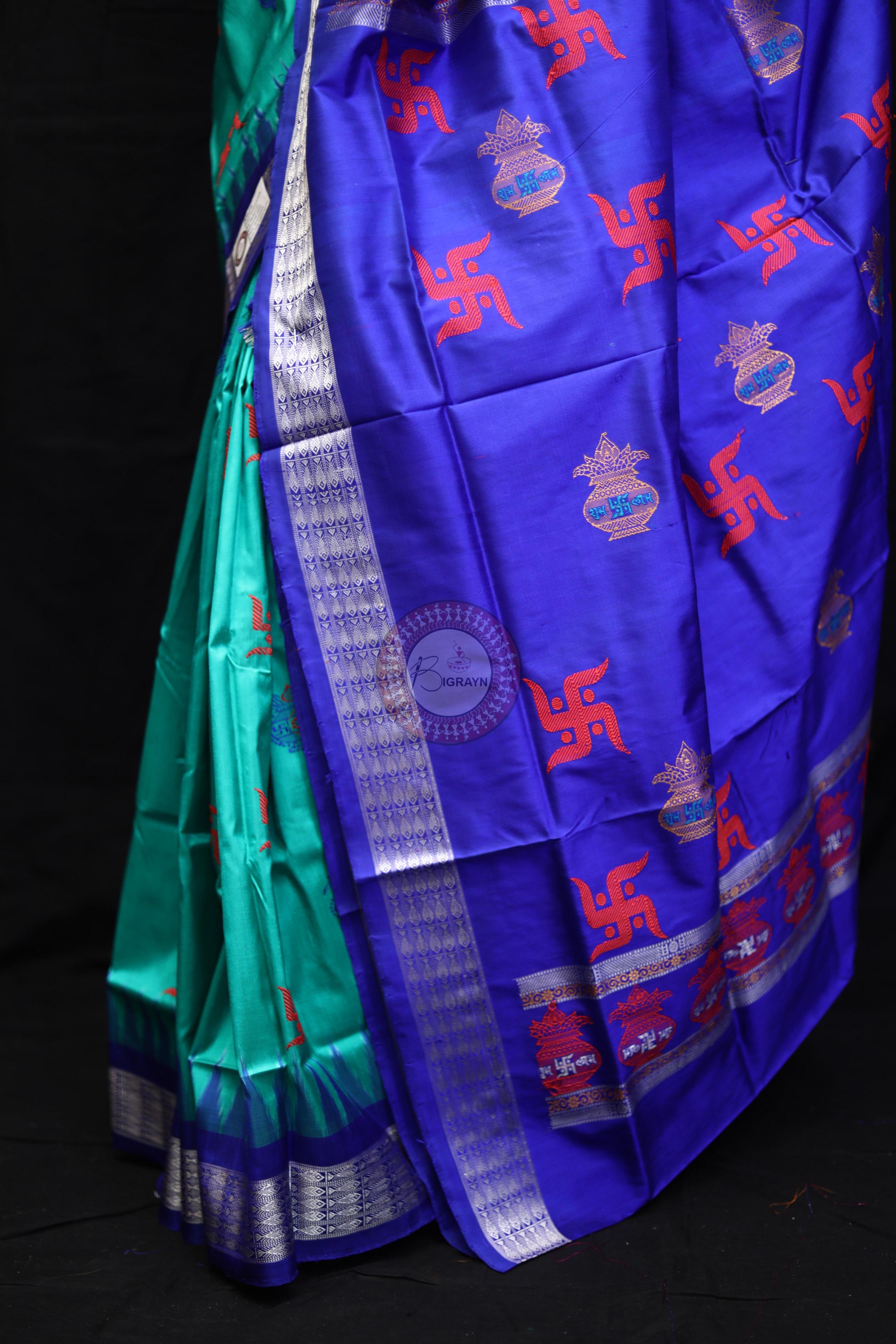 Sea Green Blue Swastik Kalashi Bomkai Silk Saree